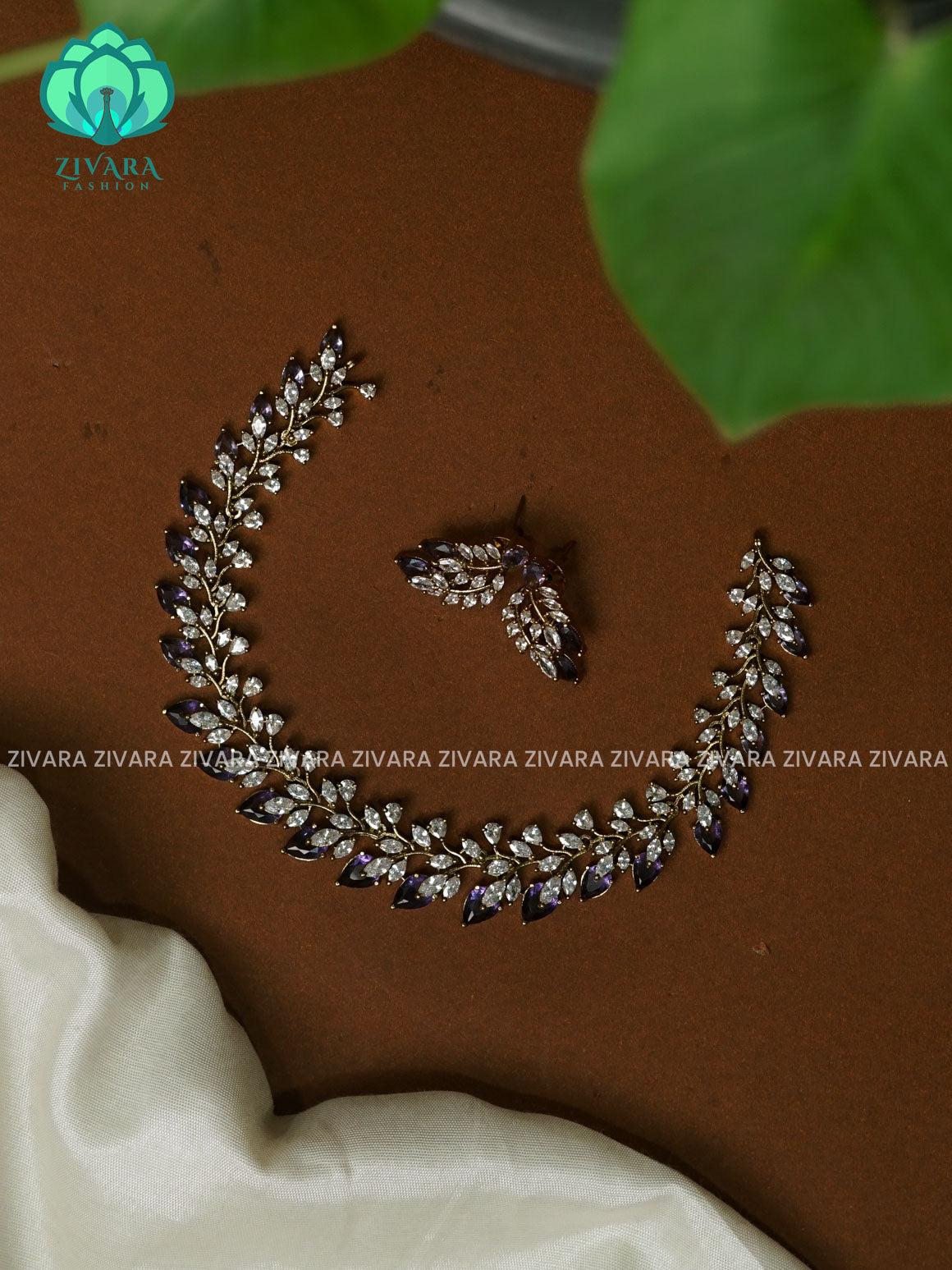 PURPLE BOLD STONE LEAF  - stylish and minimal elegant neckwear with earrings- Zivara Fashion