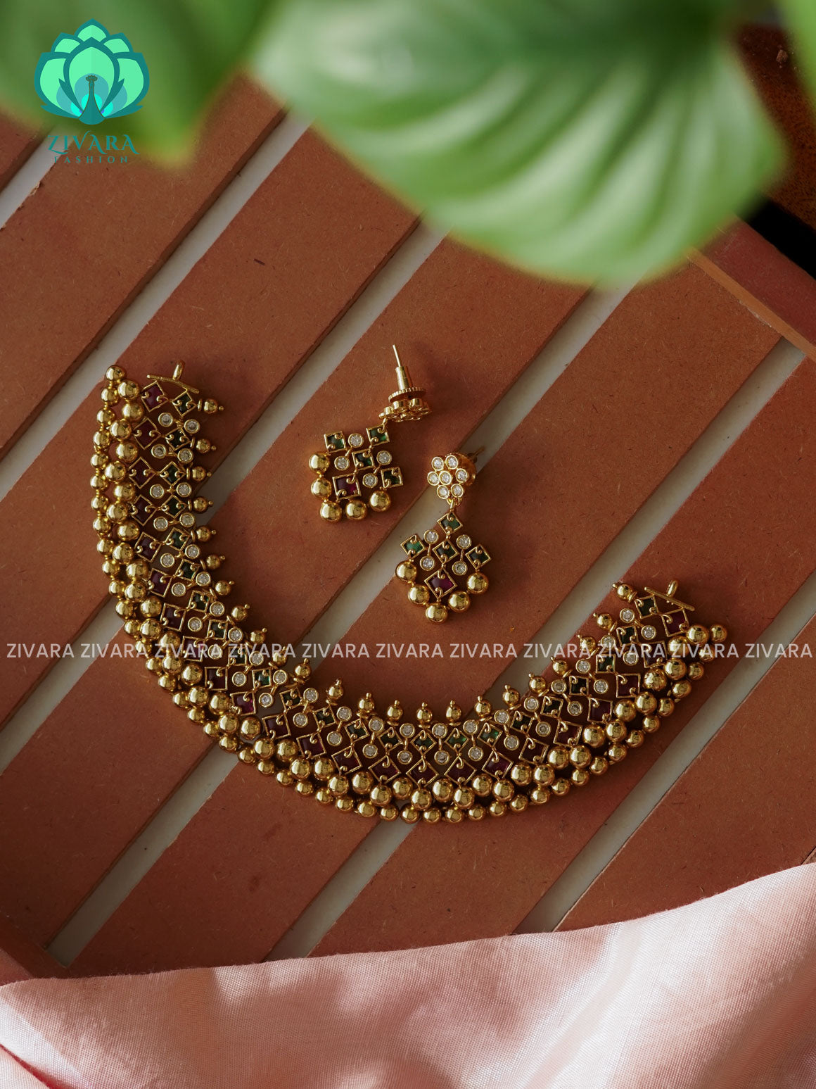 Gold beaded nayanthara inspired neck wear with earrings- Premium quality CZ Matte collection-south indian jewellery