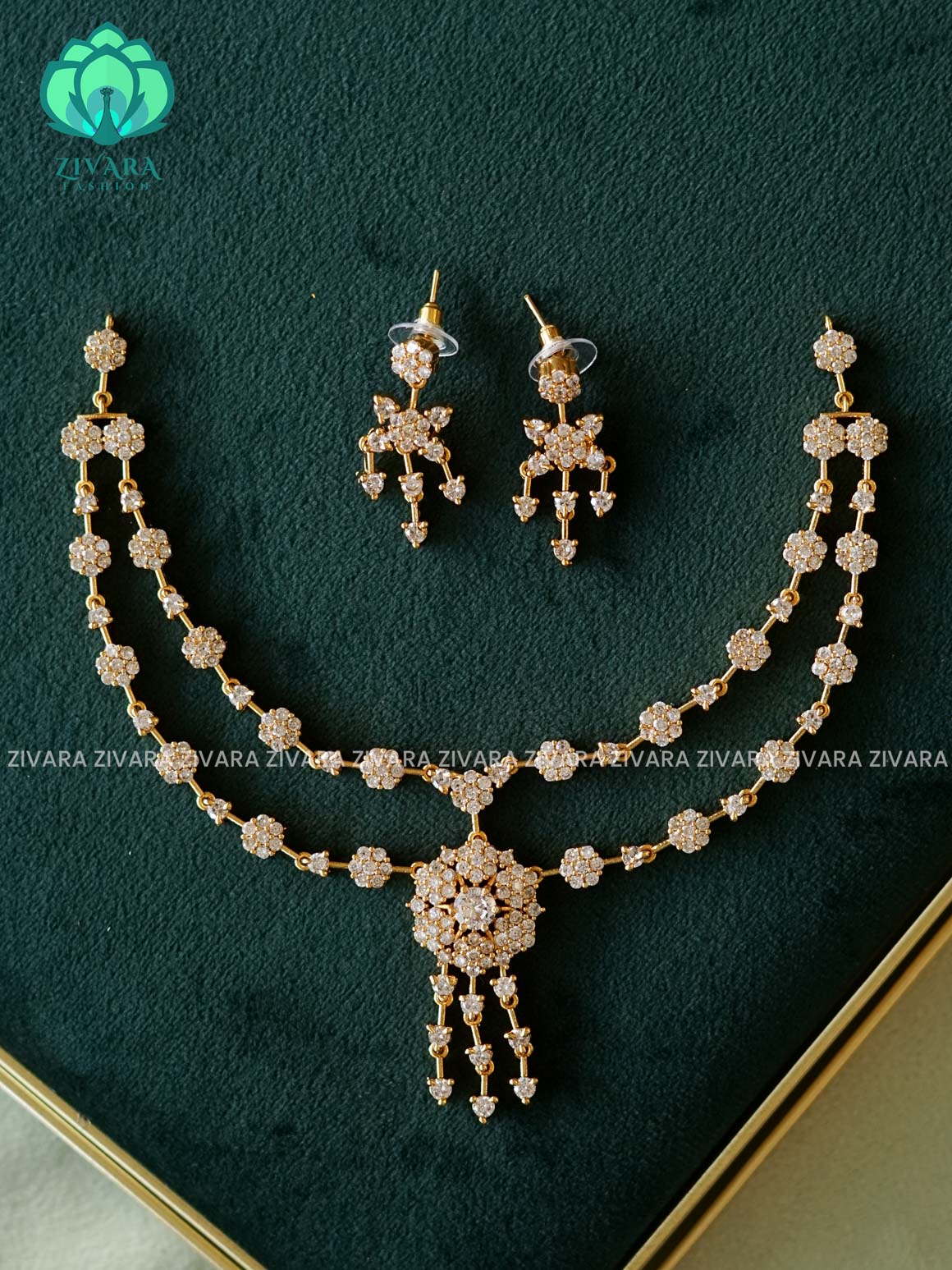 WHITE STONE  - TWO STEP/ LAYER FLOWER -Traditional south indian premium neckwear with earrings- Zivara Fashion- latest jewellery design
