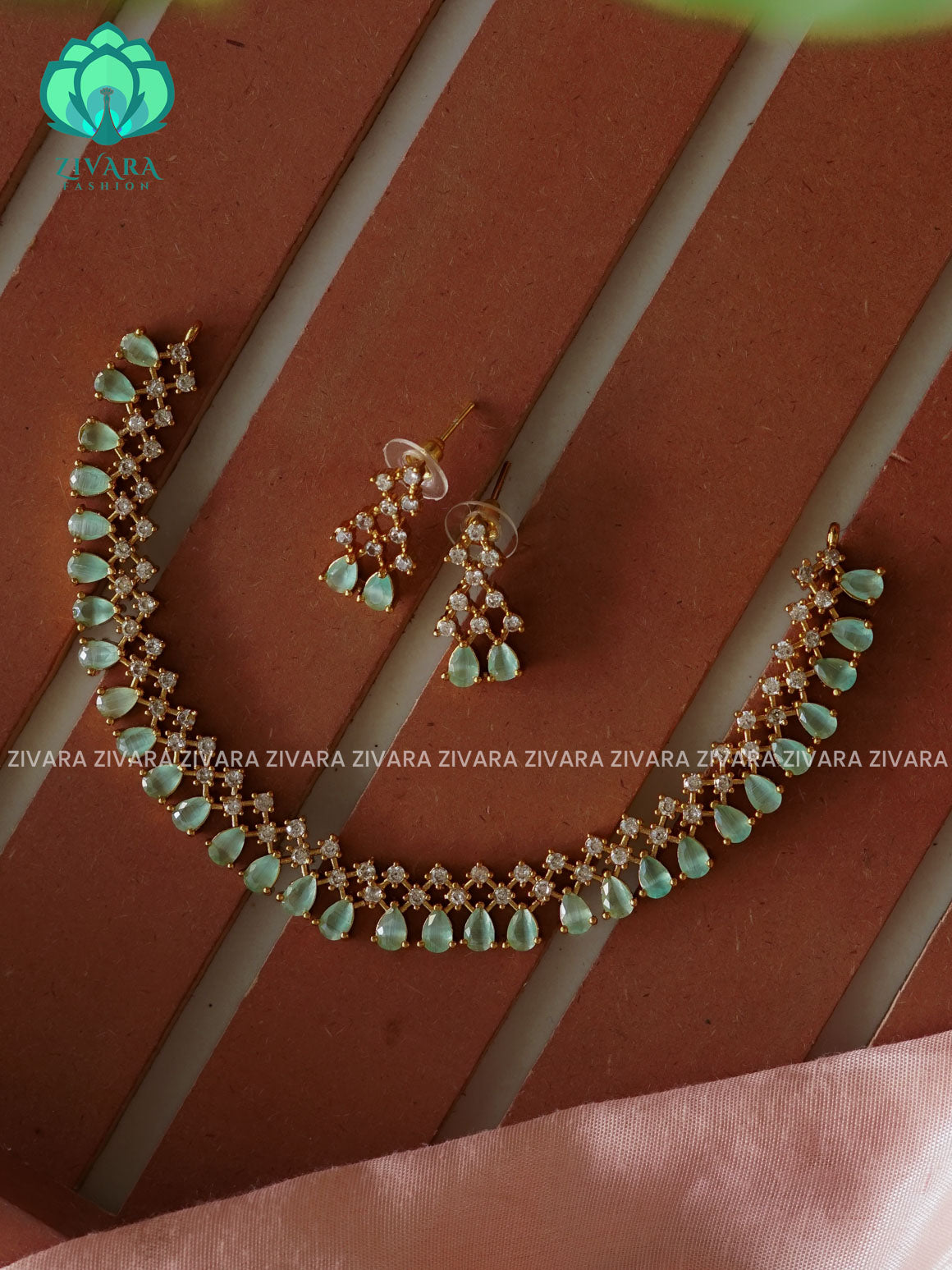 PASTEL GREEN - SIMPLE -PREMIUM SUBTLE GOLD FINISH  stylish and minimal elegant neckwear with earrings- Zivara FashioN