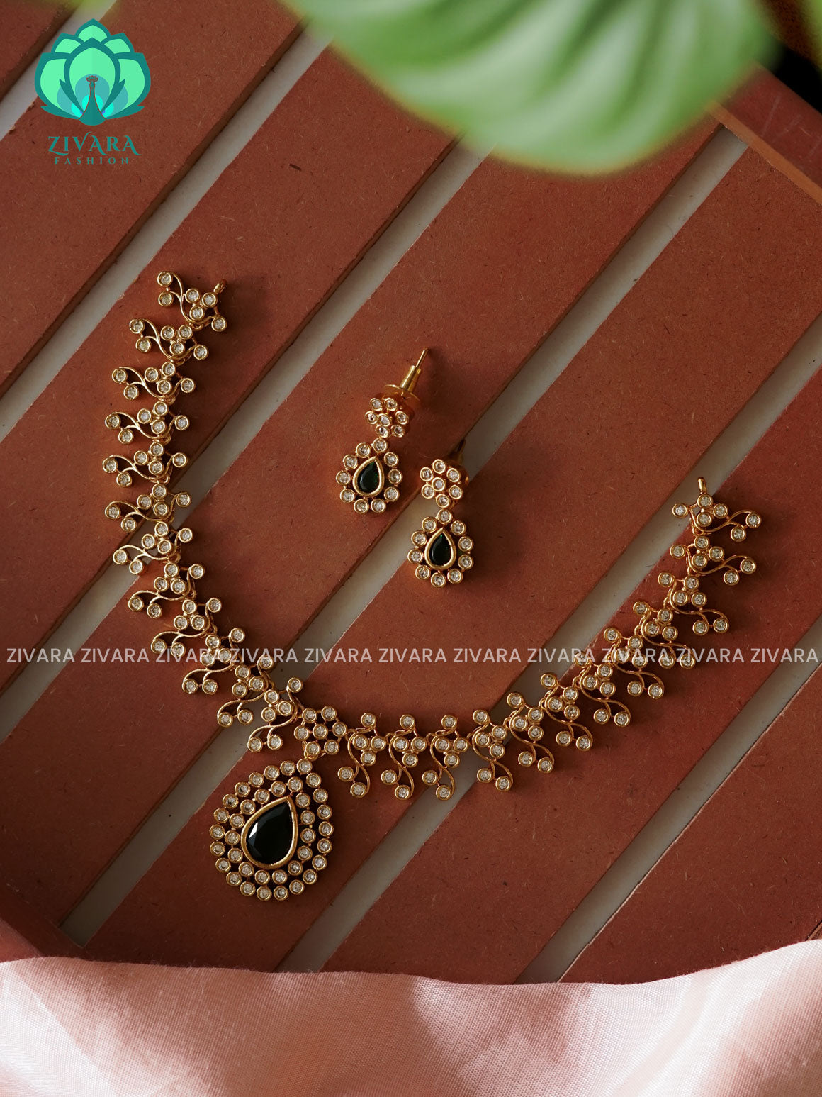 GREEN STONE TEAR PENDANT-Traditional south indian premium neckwear with earrings- Zivara Fashion- latest jewellery design