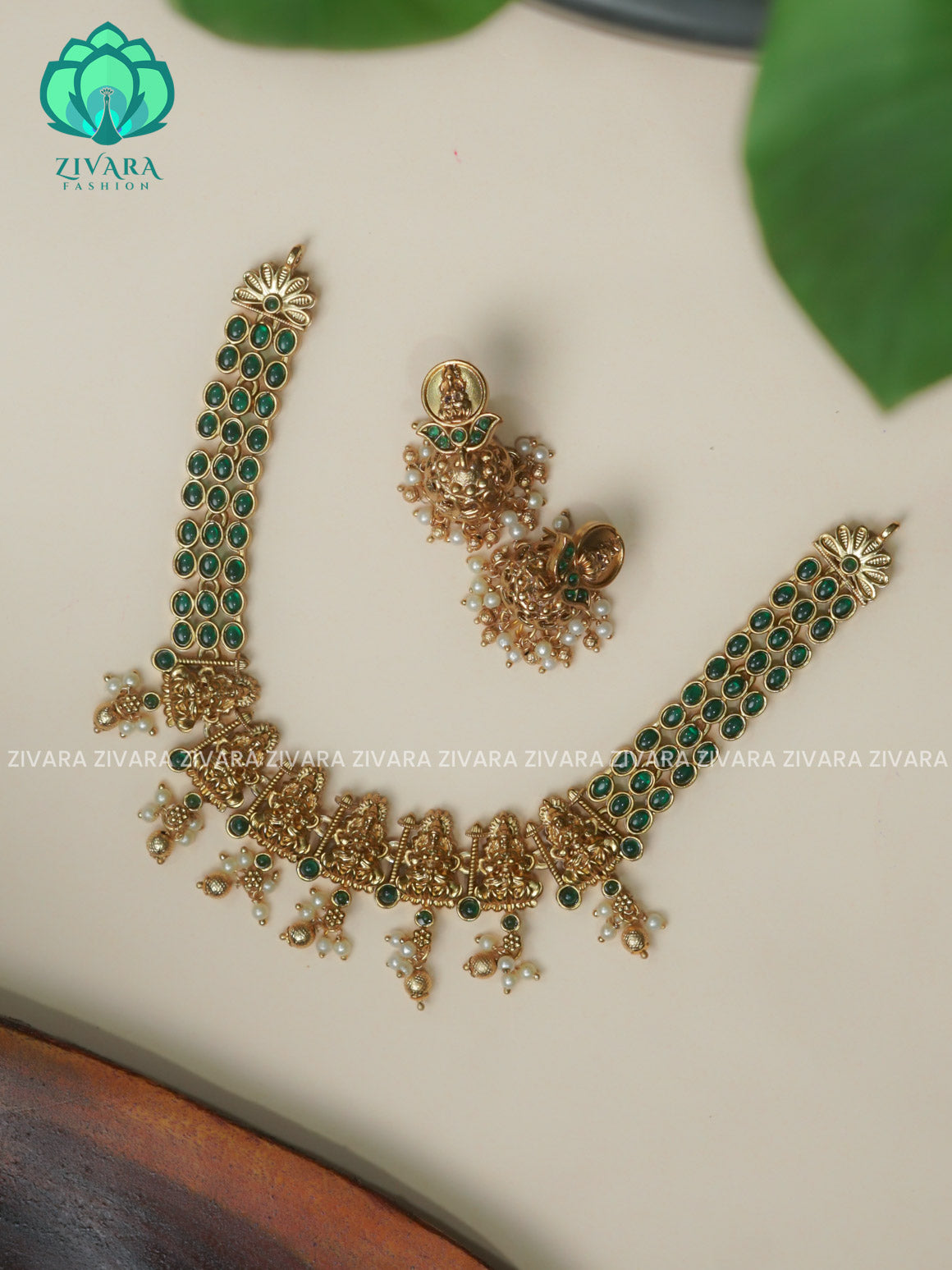 GREEN TEMPLE - Traditional south indian NORMAL MATTE neckwear with earrings - Zivara Fashion