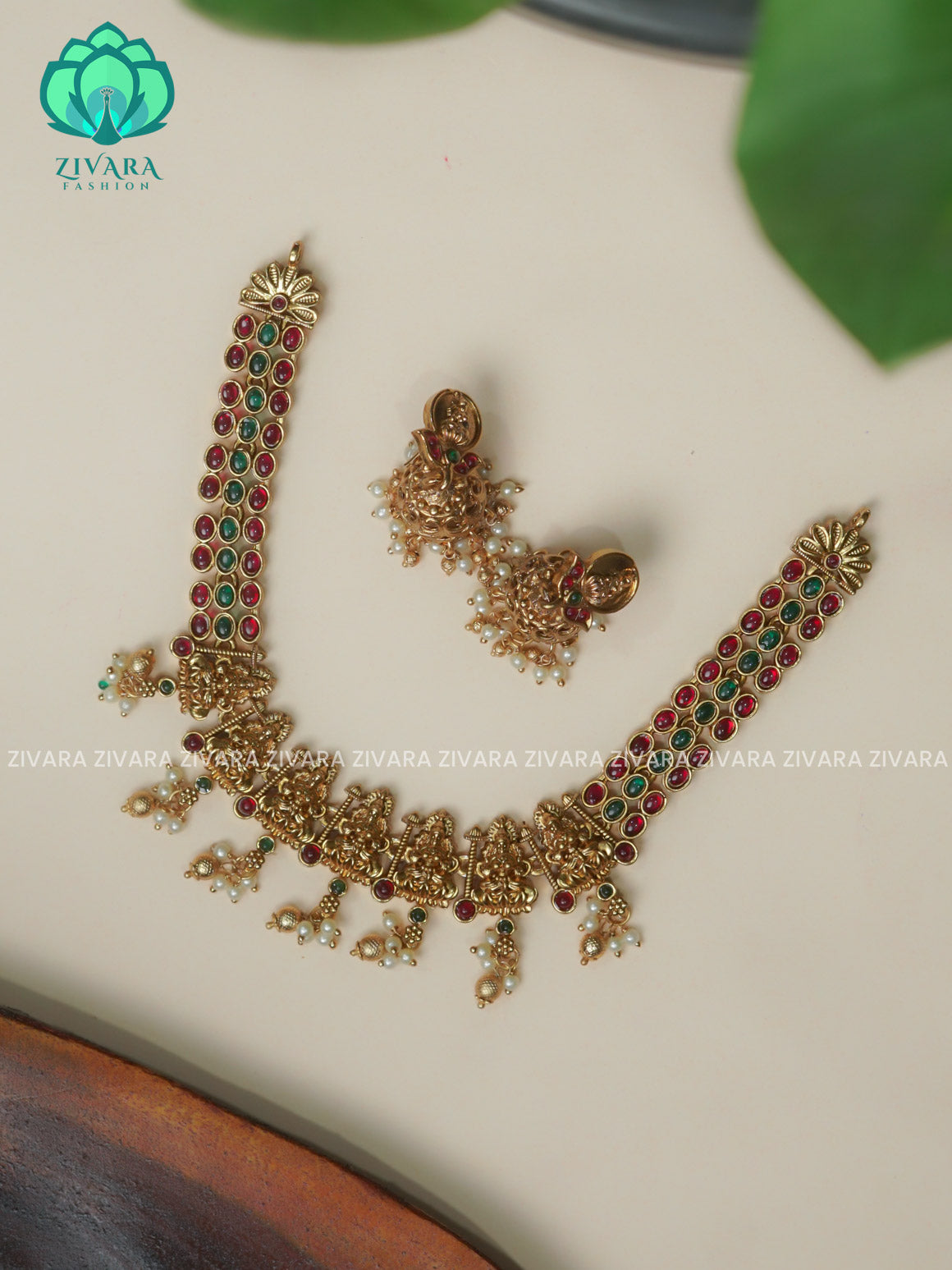 RUBY GREEN TEMPLE - Traditional south indian NORMAL MATTE neckwear with earrings - Zivara Fashion