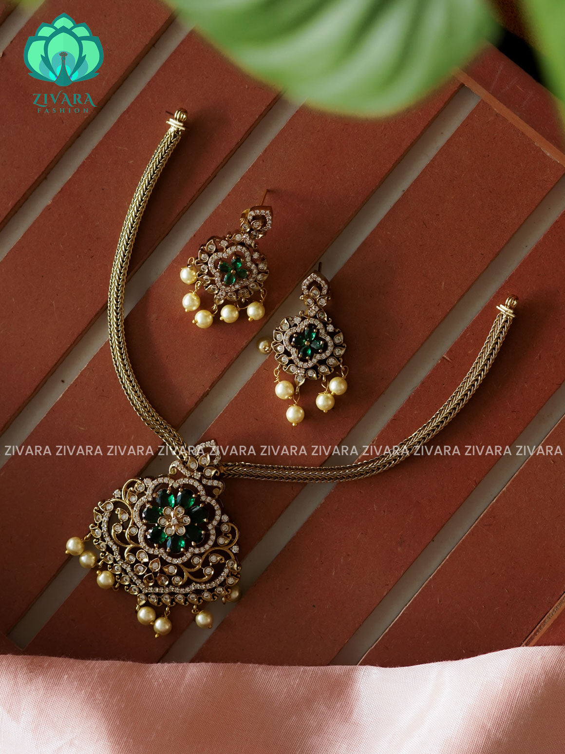 GREEN- BIG FLOWER PENDANT-Traditional south indian premium neckwear with earrings- Zivara Fashion- latest jewellery design.