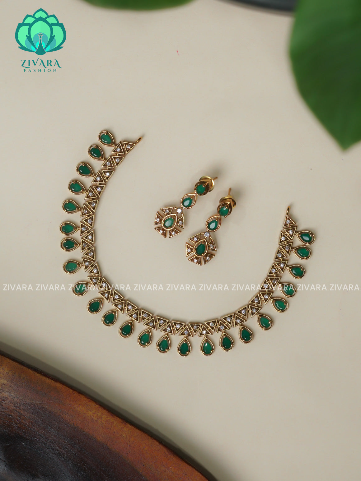 GREEN TEAR AND TRIANGLE -Traditional south indian premium neckwear with earrings- Zivara Fashion- latest jewellery design.