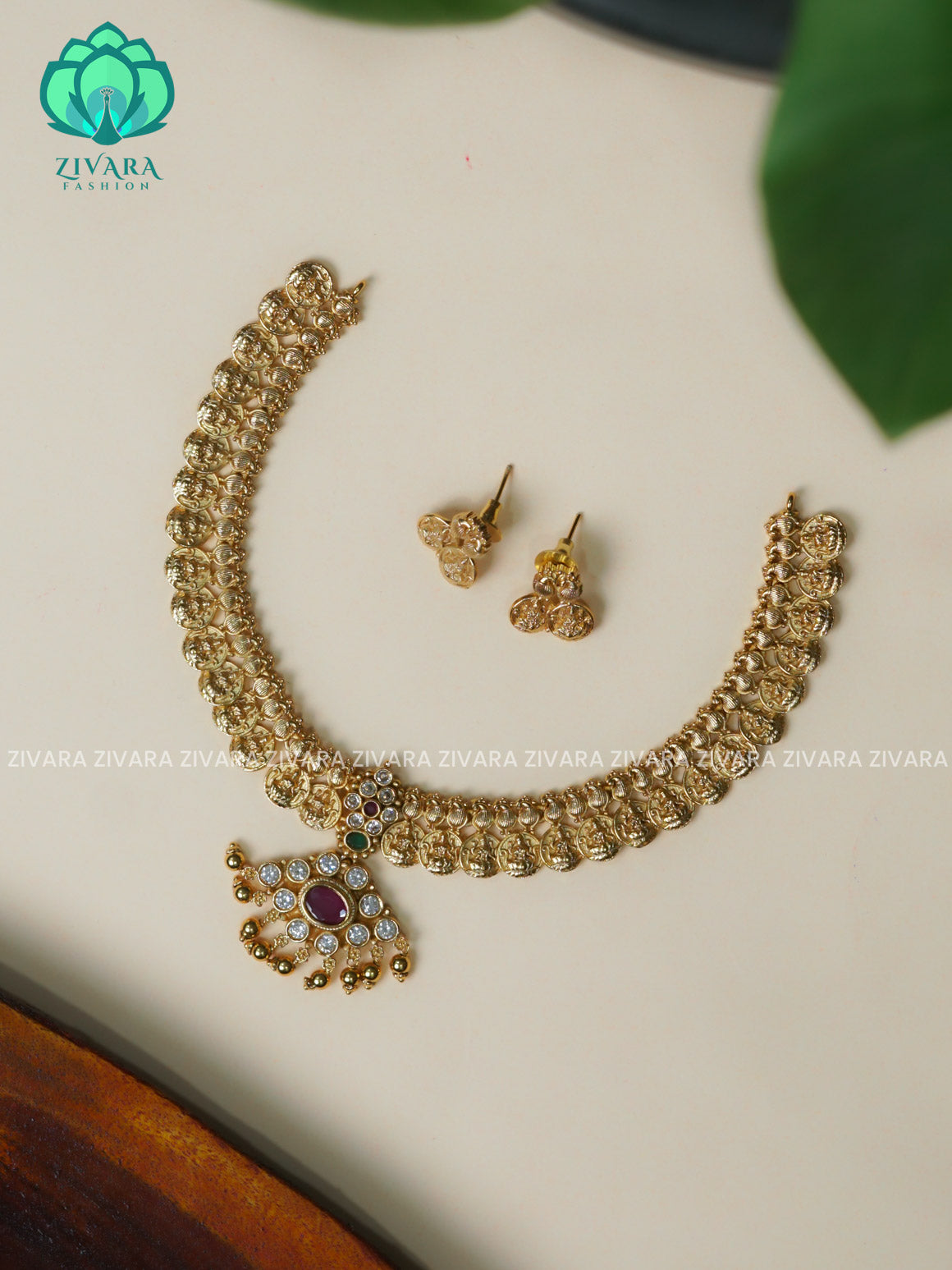 COIN PENDANT TEMPLE SIMPLE VINTAGE LOOK -Traditional south indian premium neckwear with earrings- Zivara Fashion- latest jewellery design.