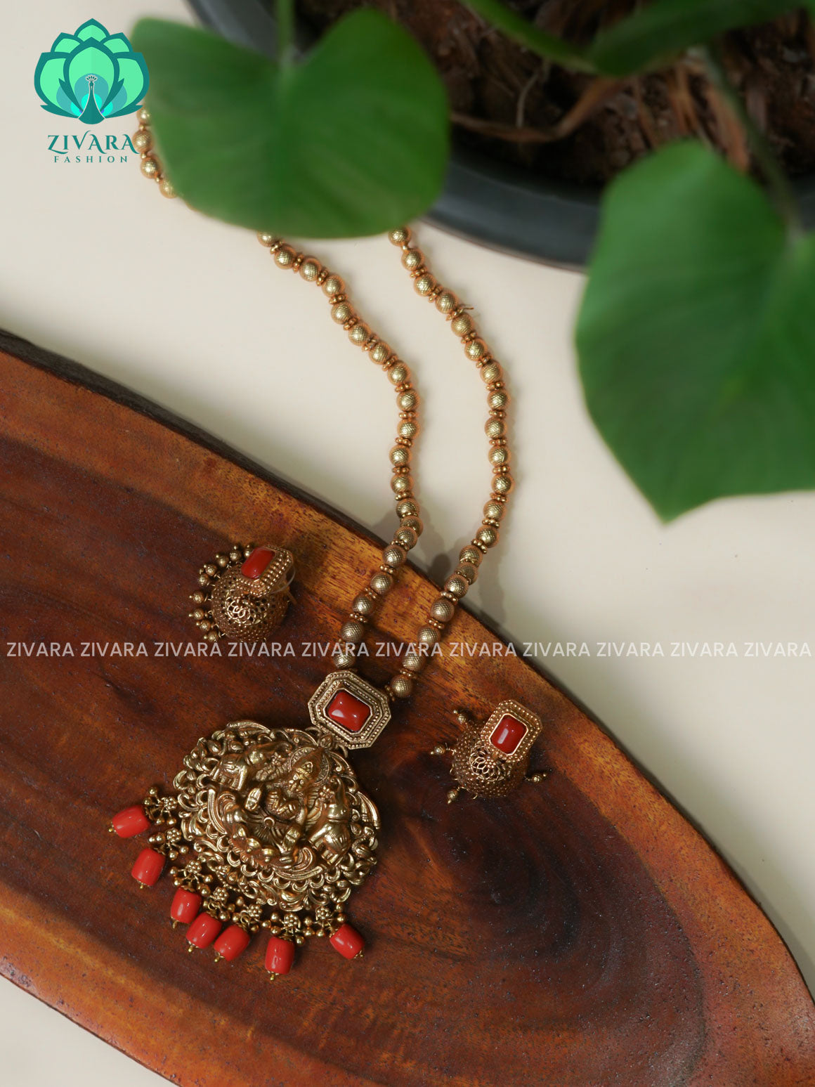 MOONGA CORAL- TEMPLE PENDANT BALL CHAIN - Traditional PREMIUM MATTE polish MIDCHEST haaram/neckwear with earrings- Zivara Fashion