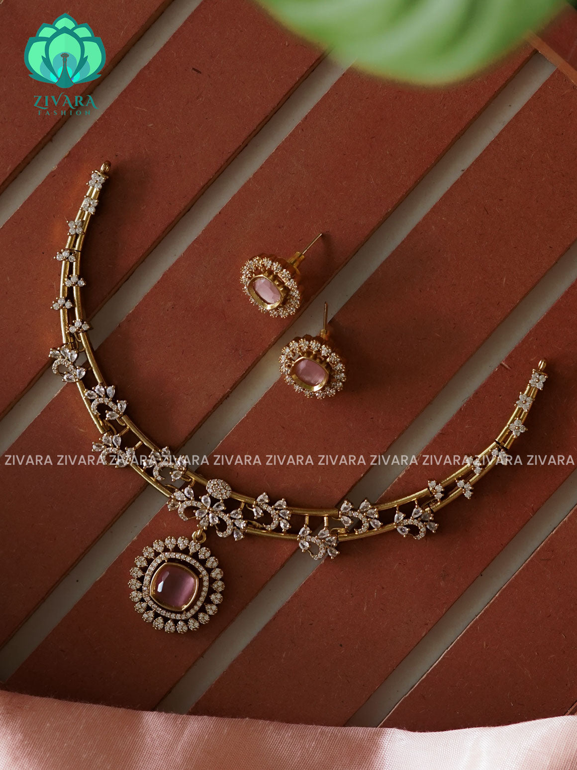 PINK - CIRCLE STONE ELEGANT HASLI  -PREMIUM SUBTLE GOLD FINISH  stylish and minimal elegant neckwear with earrings- Zivara FashioN