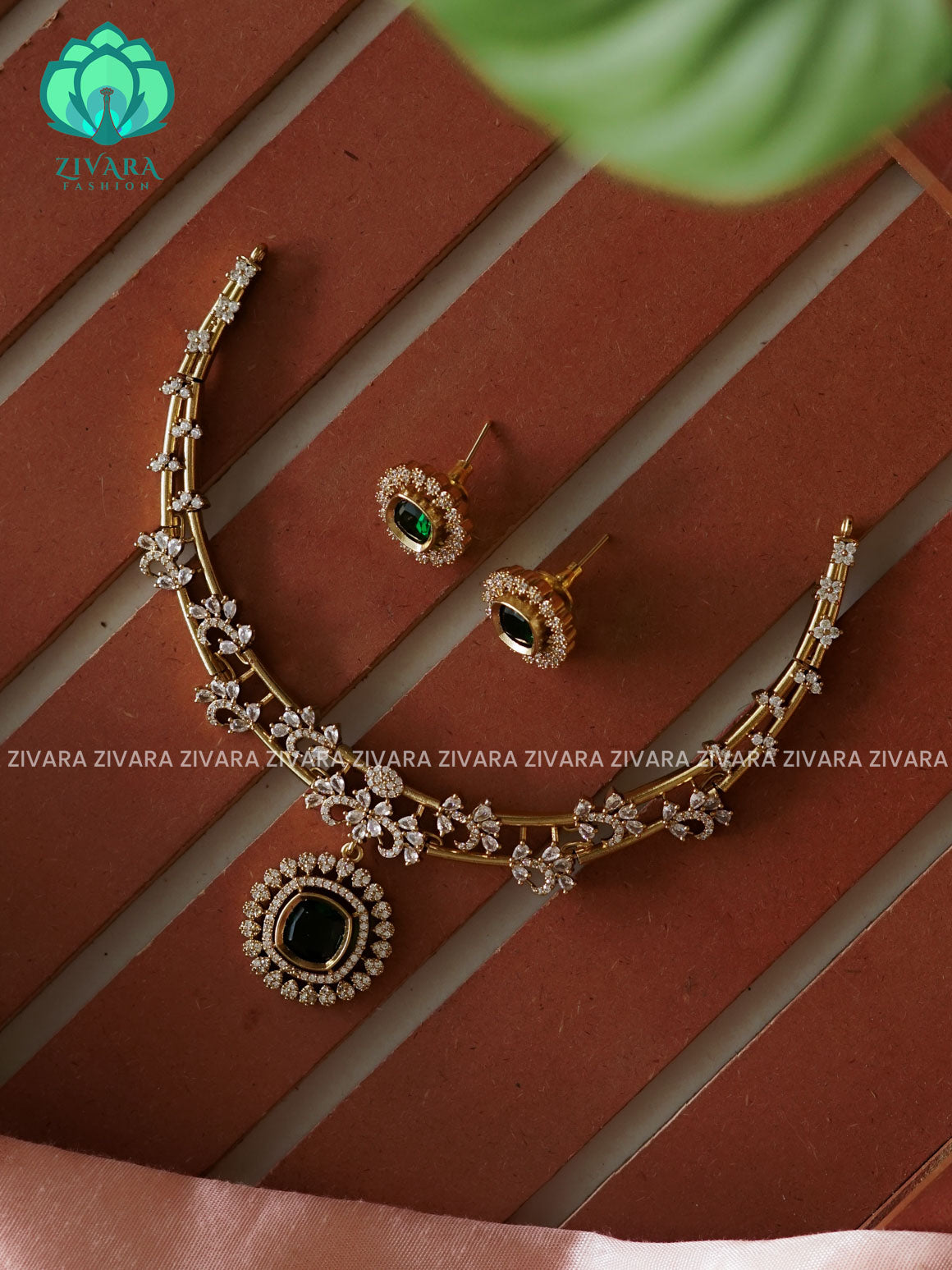 GREEN - CIRCLE STONE ELEGANT HASLI  -PREMIUM SUBTLE GOLD FINISH  stylish and minimal elegant neckwear with earrings- Zivara FashioN