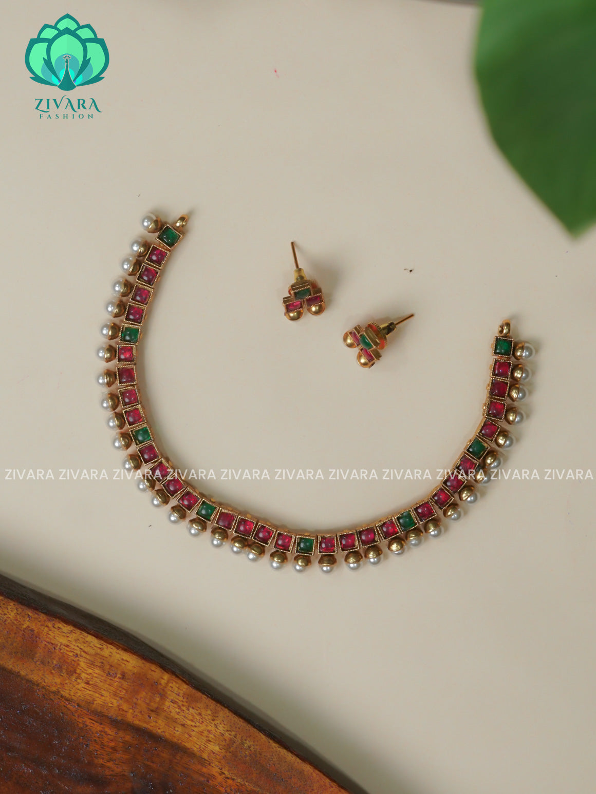 RUBY GREEN STONE ATTIGAI -Traditional south indian NORMAL MATTE neckwear with earrings- Zivara Fashion- latest jewellery design