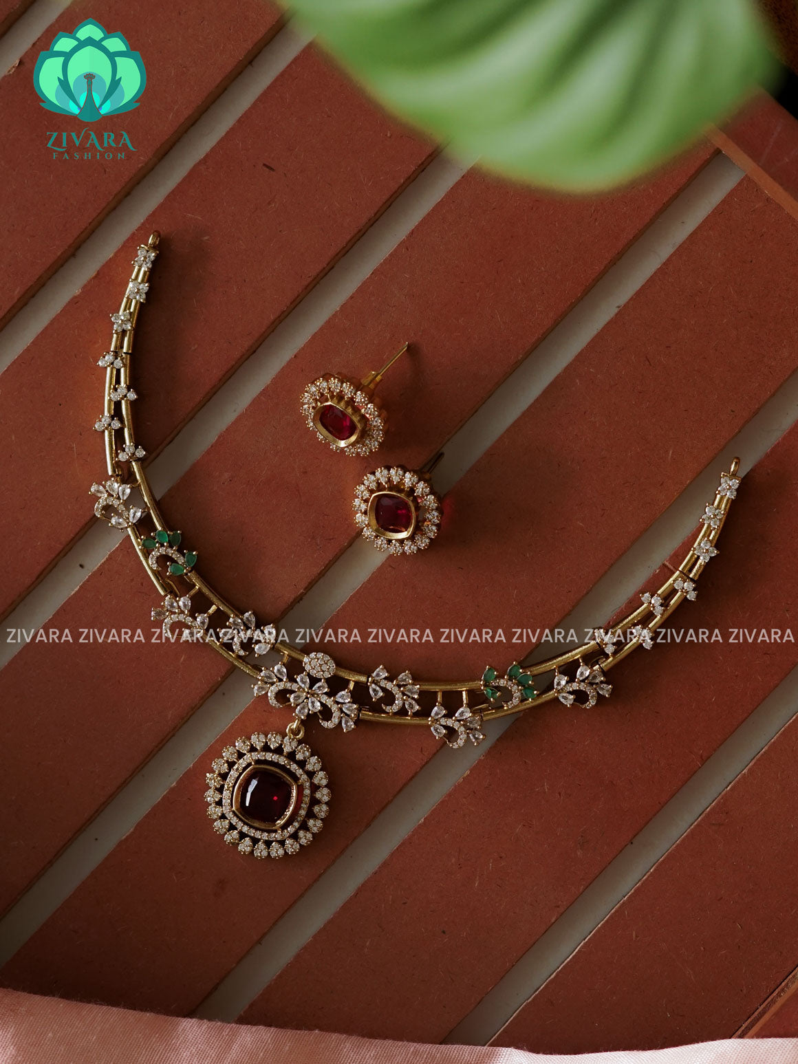 RUBY AND GREEN - CIRCLE STONE ELEGANT HASLI  -PREMIUM SUBTLE GOLD FINISH  stylish and minimal elegant neckwear with earrings- Zivara FashioN