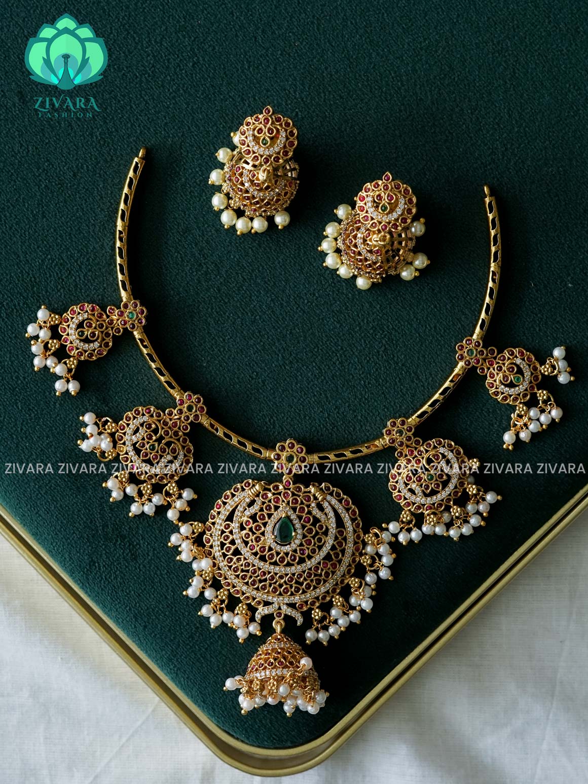 Akshayam - TEMPLE NECKWEAR WITH HANGINGS - bridal temple neckwear -Traditional south indian premium neckwear with earrings- Zivara Fashion- latest jewellery design