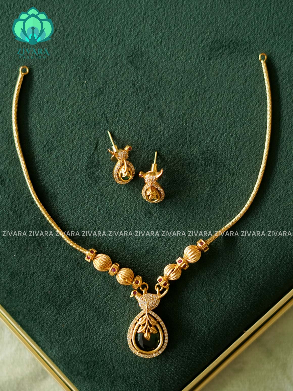 GREEN STONE PARROT PENDANT - FLEXIBLE CHAIN WITH HANGINGS -Traditional south indian premium neckwear with earrings- Zivara Fashion- latest jewellery design