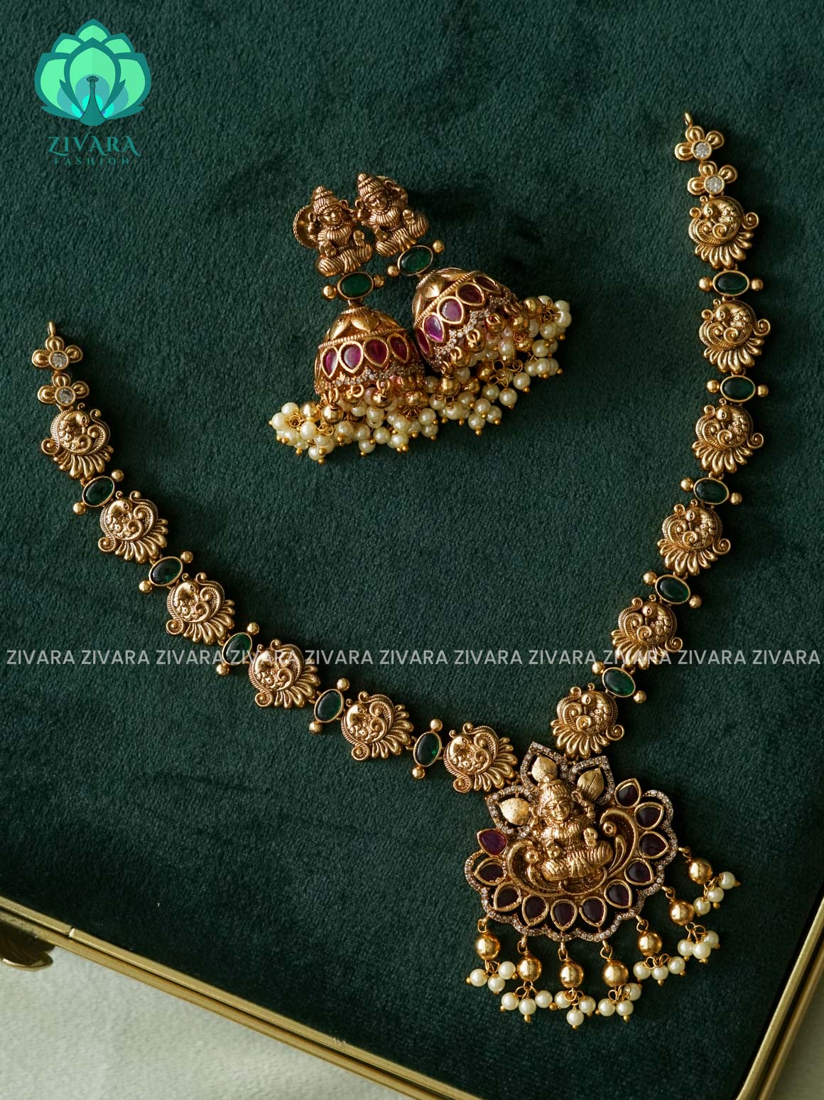 Ruby and Green Trending Premium temple neckwear with earrings- Zivara Fashion- latest jewellery design