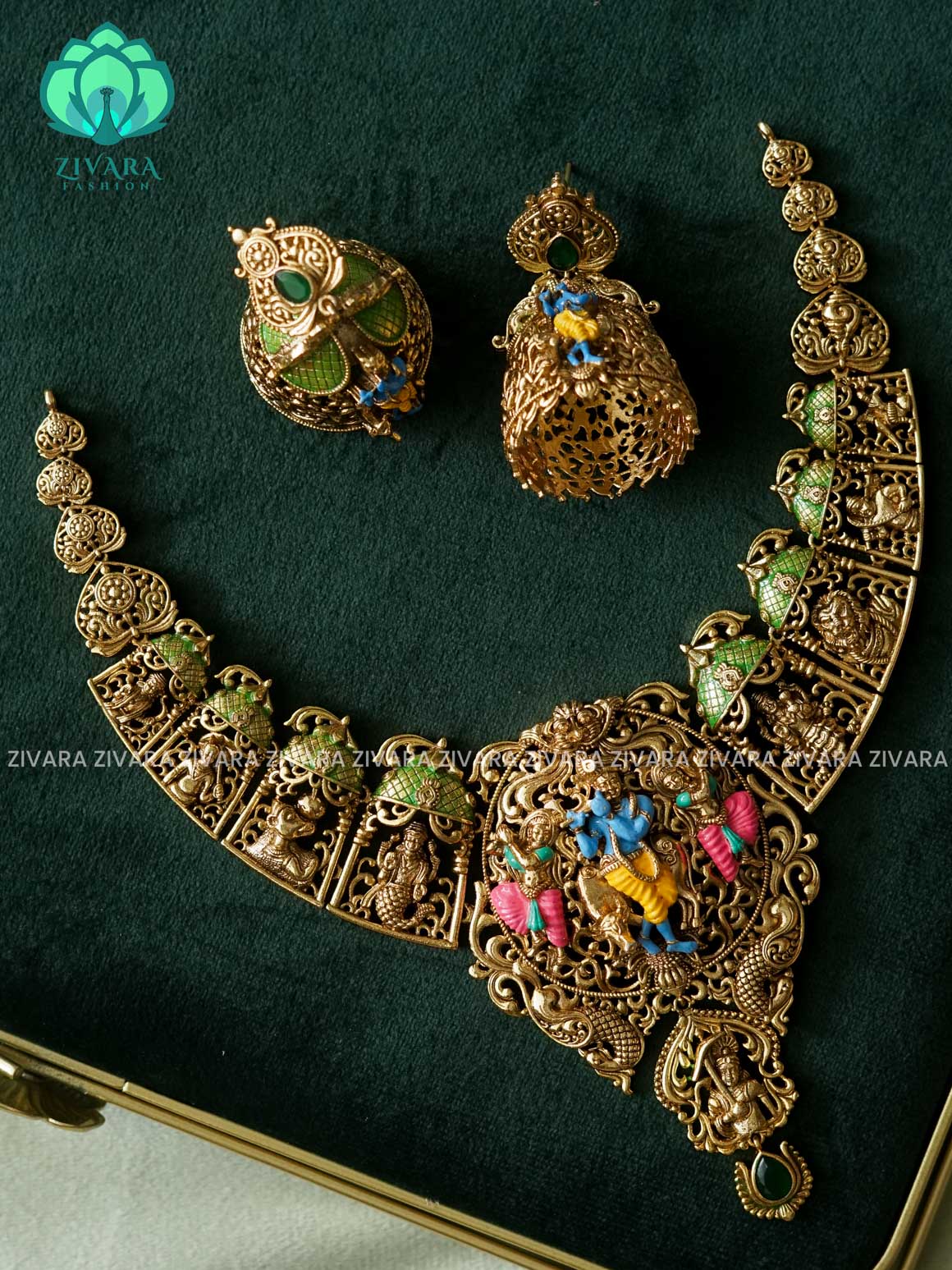 MADHURYA -  GRAND BRIDAL VINTAGE FINISH  handpainted - Traditional south indian premium neckwear with earrings- Zivara Fashion- latest jewellery design