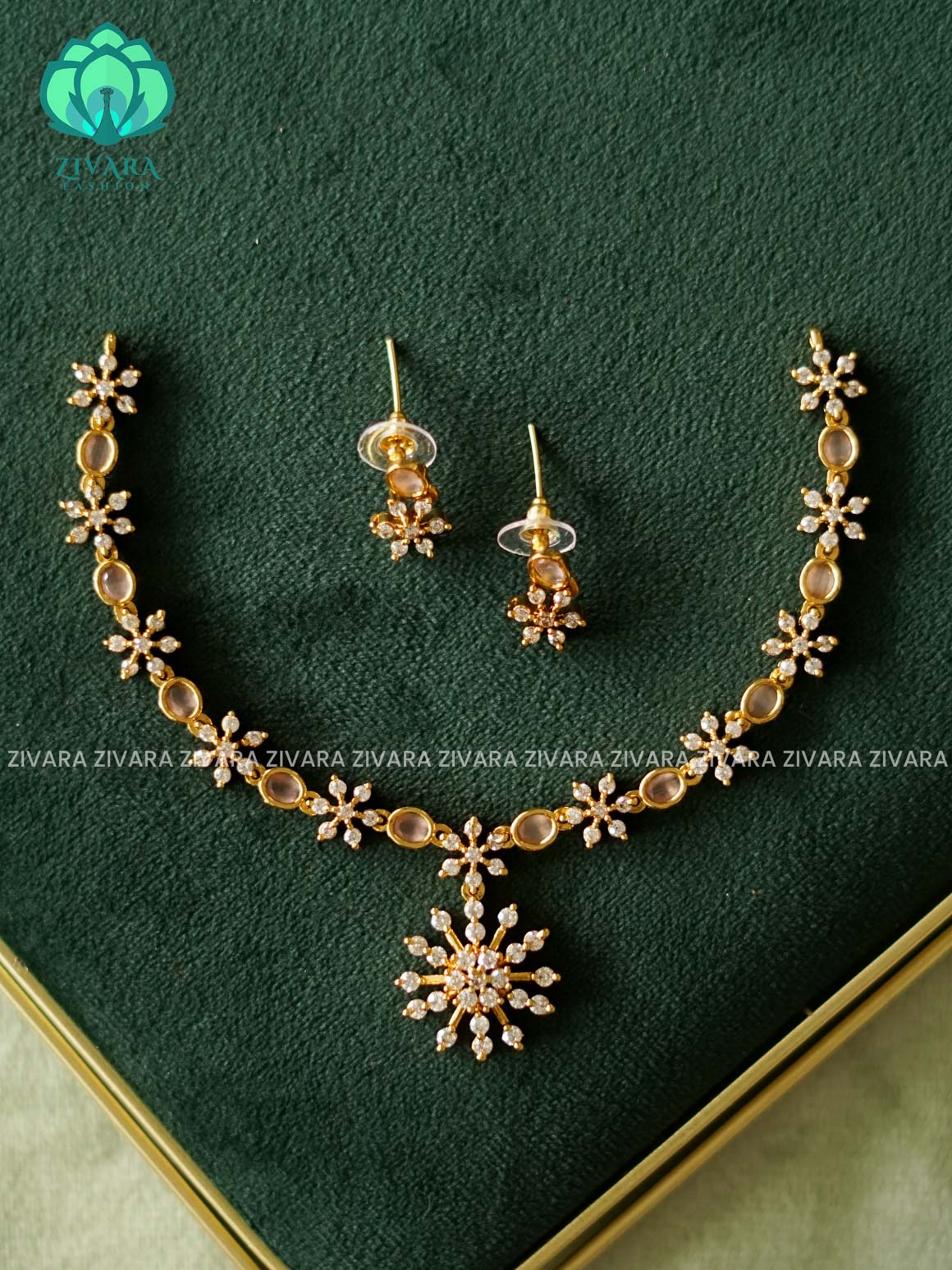 WHITE SNOW FLAKE PASTEL PINK OVAL STONE  NECKWEAR - KIDS FRIENDLY -  stylish and minimal elegant neckwear with earrings- Zivara Fashion