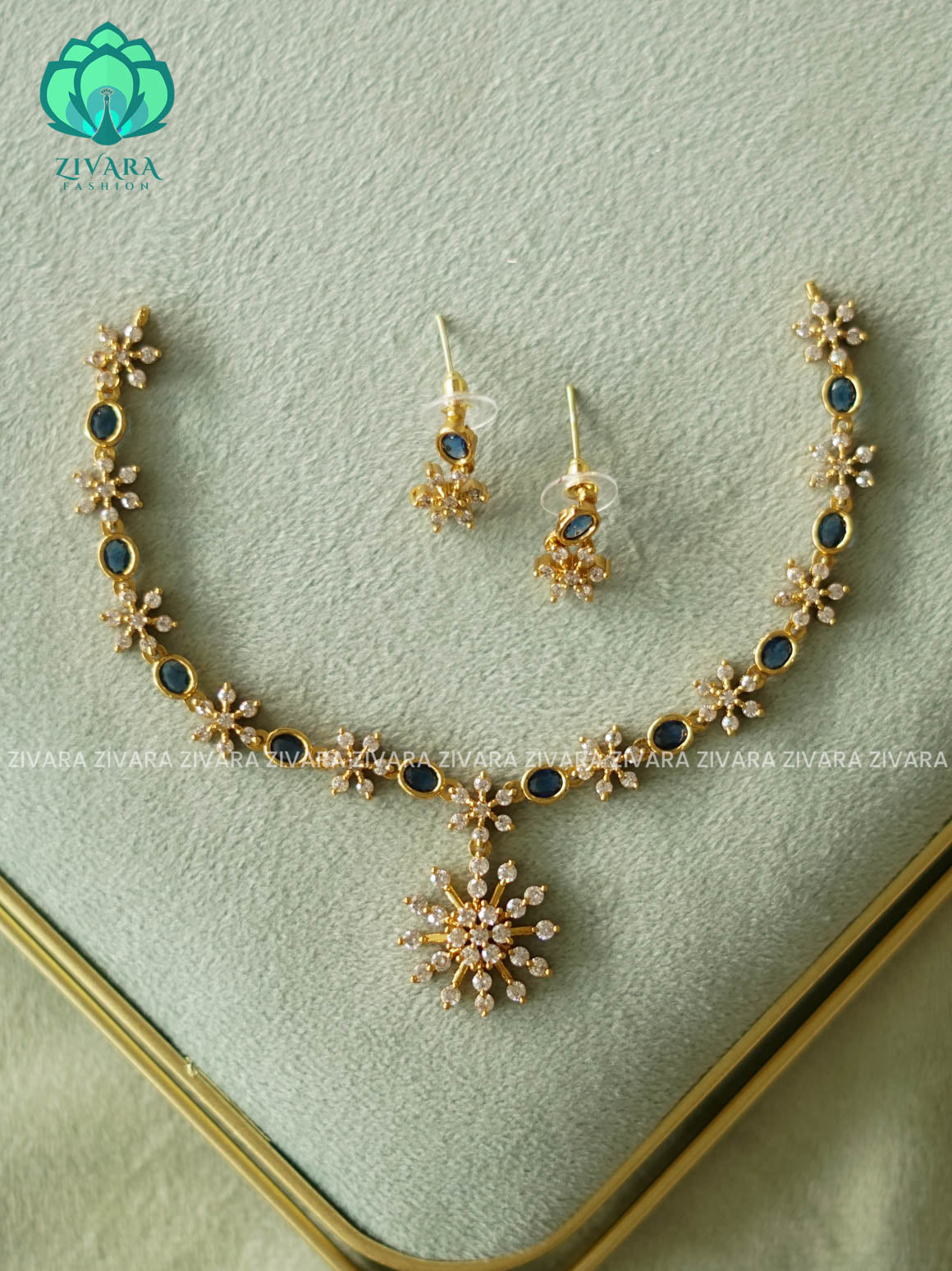 WHITE SNOW FLAKE  BLUE OVAL STONE  NECKWEAR - KIDS FRIENDLY -  stylish and minimal elegant neckwear with earrings- Zivara Fashion