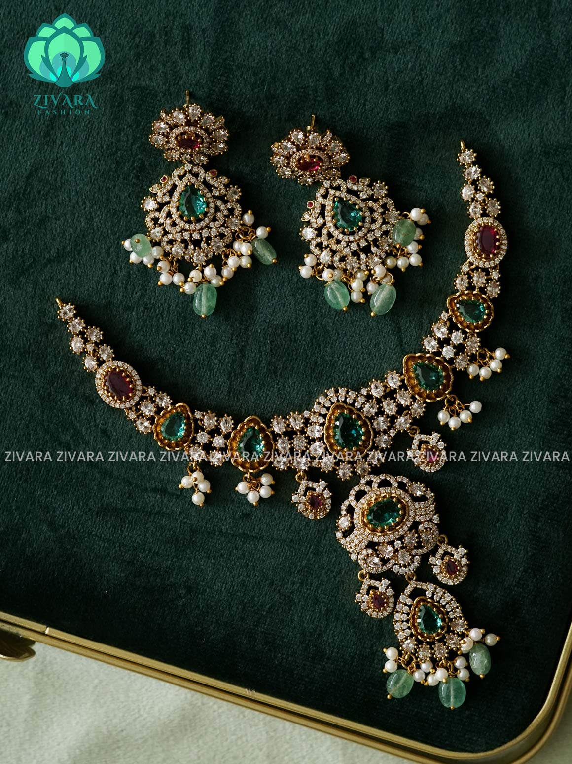 GREEN BEADS HEAVY REAL KEMP  BRIDAL HASLI -Traditional south indian premium neckwear with earrings- Zivara Fashion- latest jewellery design.