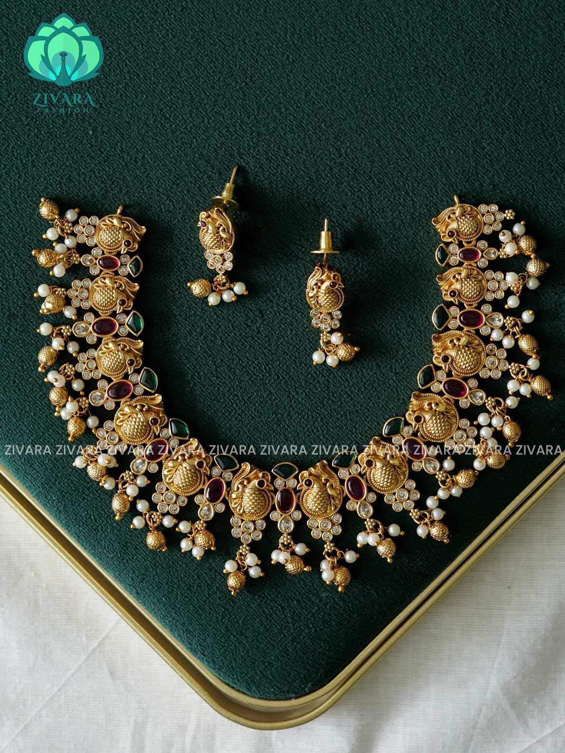 AKSHAYAM - BRIDAL REAL KEMP PEACOCK NECKWEAR WITH GOLD BEADS HANGINGS  - Traditional south indian premium neckwear with earrings- Zivara Fashion- latest jewellery design