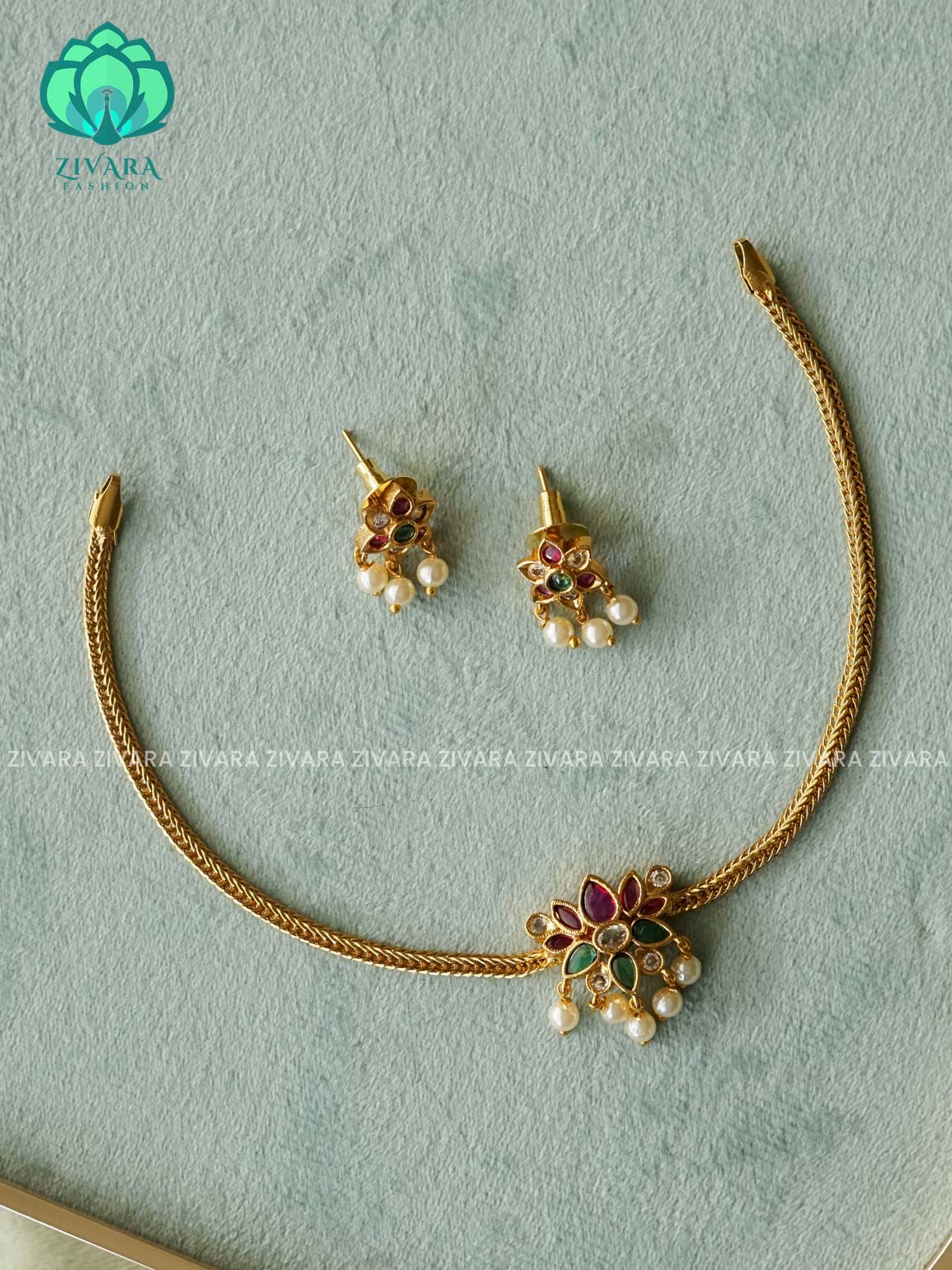 FLEXIBLE CHAIN LOTUS PENDANT SMALL SIZE   -Traditional south indian premium neckwear WITH earrings- Zivara Fashion- latest jewellery design
