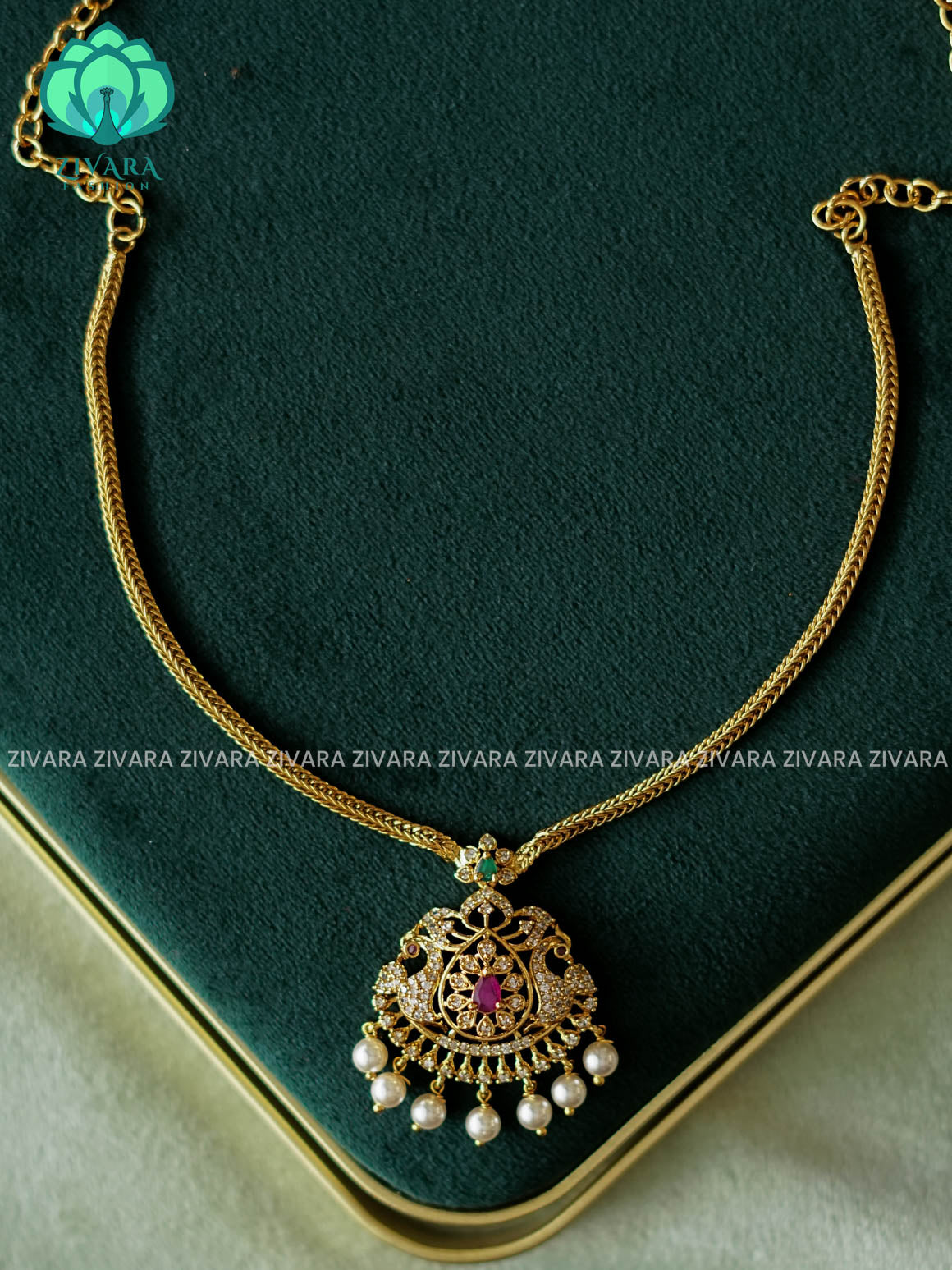 Flexible chain PEACOCK PENDANT - Traditional south indian premium neckwear without earrings- Zivara Fashion- latest jewellery design