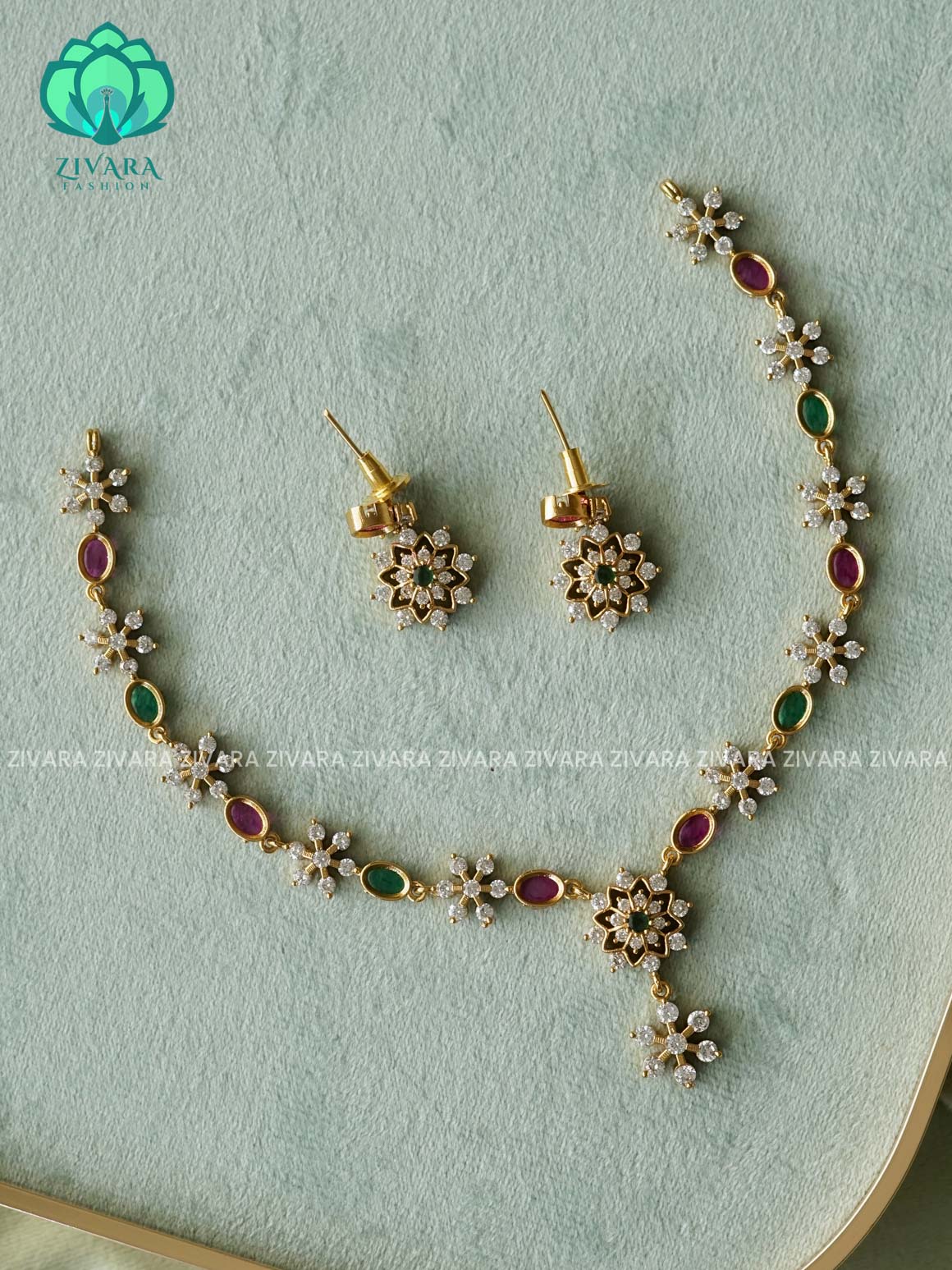 RUBY GREEN - kids friendly OVAL STONE ELEGANT  -PREMIUM SUBTLE GOLD FINISH  stylish and minimal elegant neckwear with earrings- Zivara Fashion