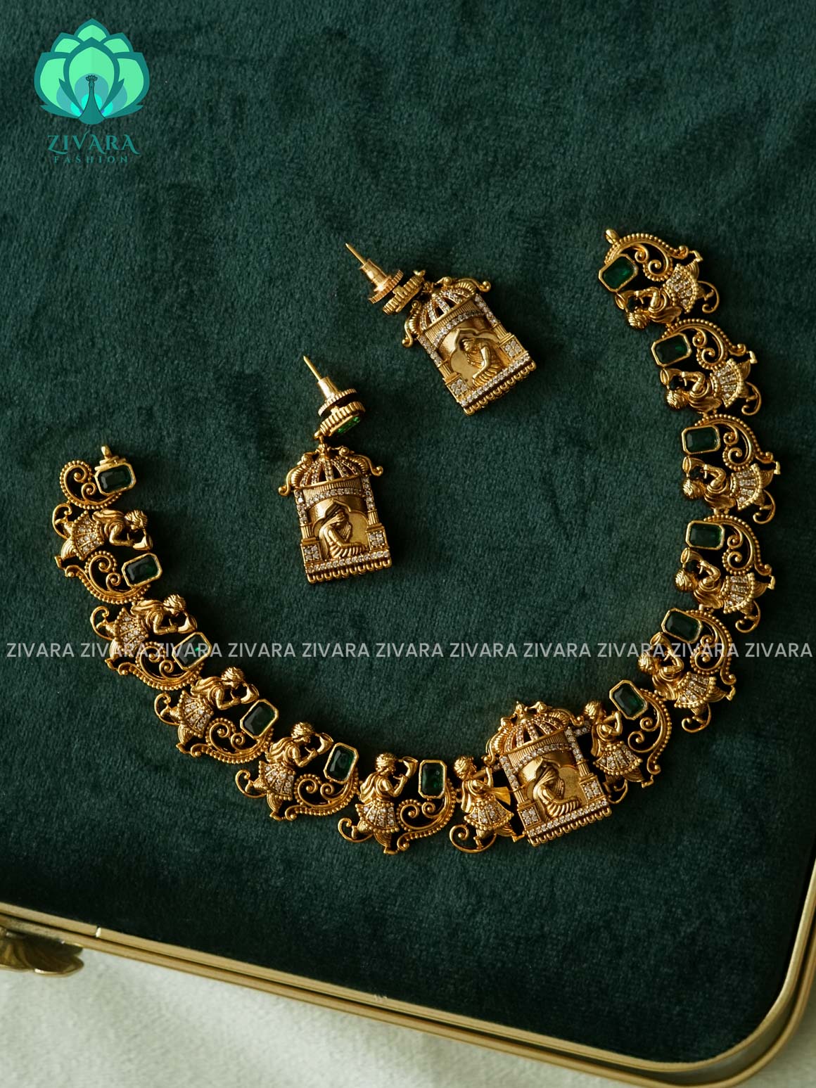 GREEN STONE BRIDAL  - Traditional south indian premium neckwear with earrings- Zivara Fashion- latest jewellery design