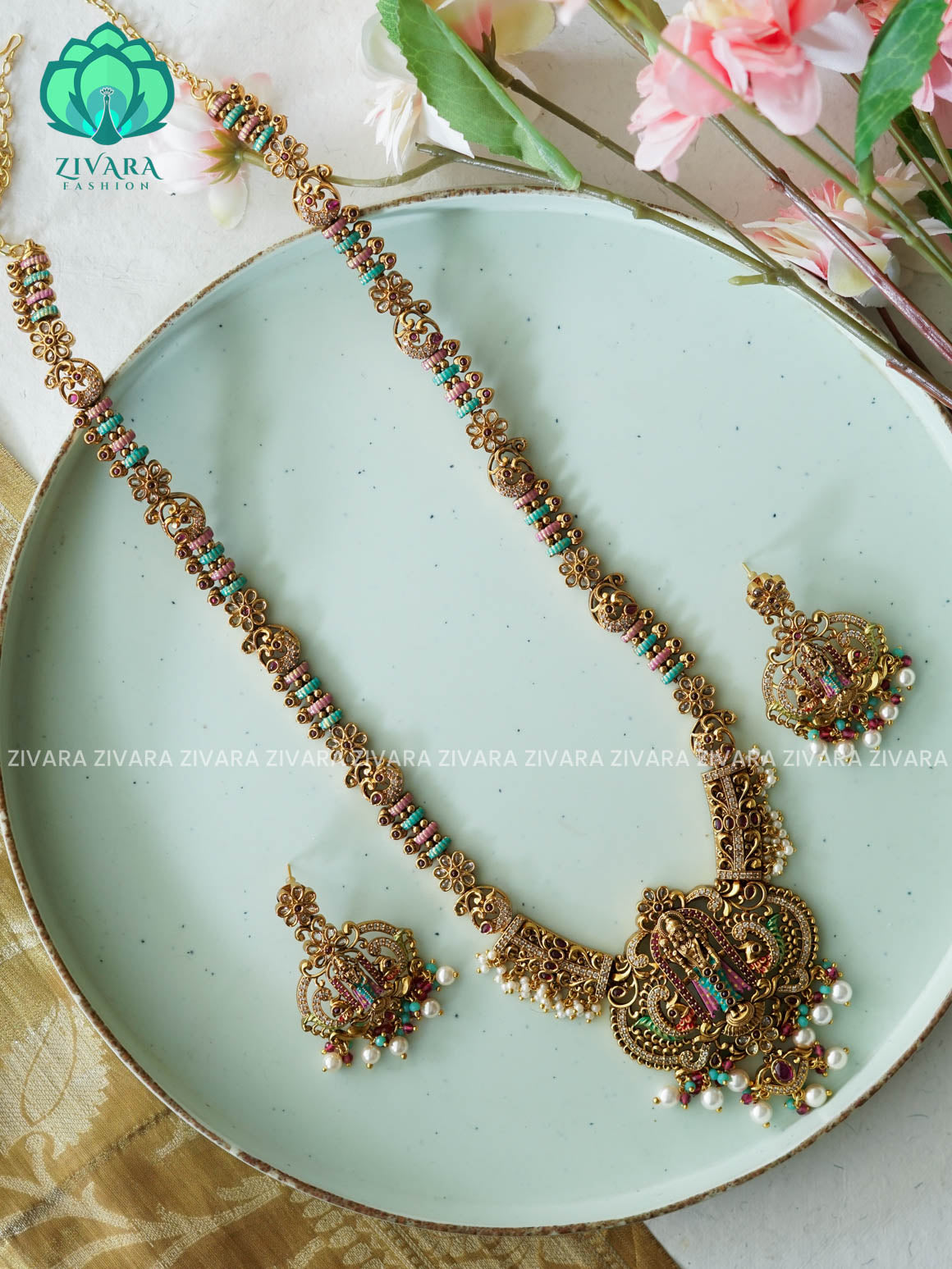 MADHURYA - HAND PAINTED TEMPLE BRIDAL - Traditional PREMIUM MATTE polish MIDCHEST haaram/neckwear with earrings- Zivara Fashion