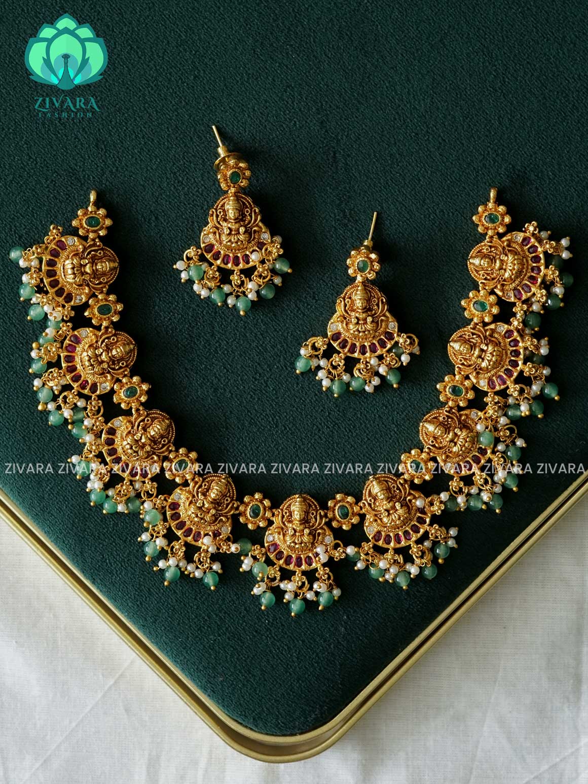 AKSHAYAM - TEMPLE BRIDAL  neckwear with green beads hangings with earrings- Zivara Fashion