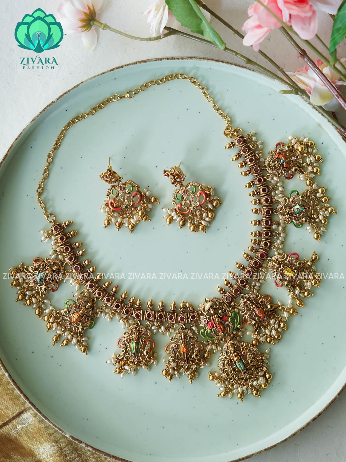 MADHURYA - DASAVATHARAM GRAND BRIDAL VINTAGE FINISH  handpainted - Traditional south indian premium neckwear with earrings- Zivara Fashion- latest jewellery design