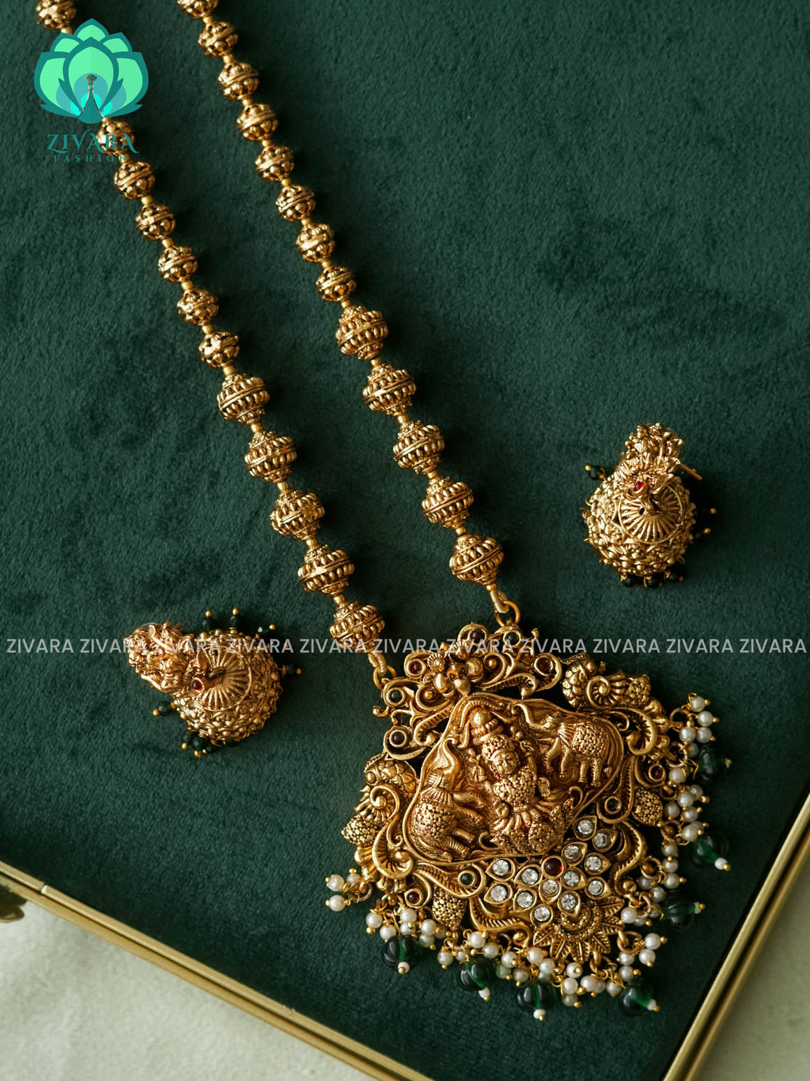 VISHALI GOLD BALL AND TEMPLE PENDANT BALL CHAIN - Traditional NORMAL MATTE polish MIDCHEST haaram/neckwear with earrings- Zivara Fashion