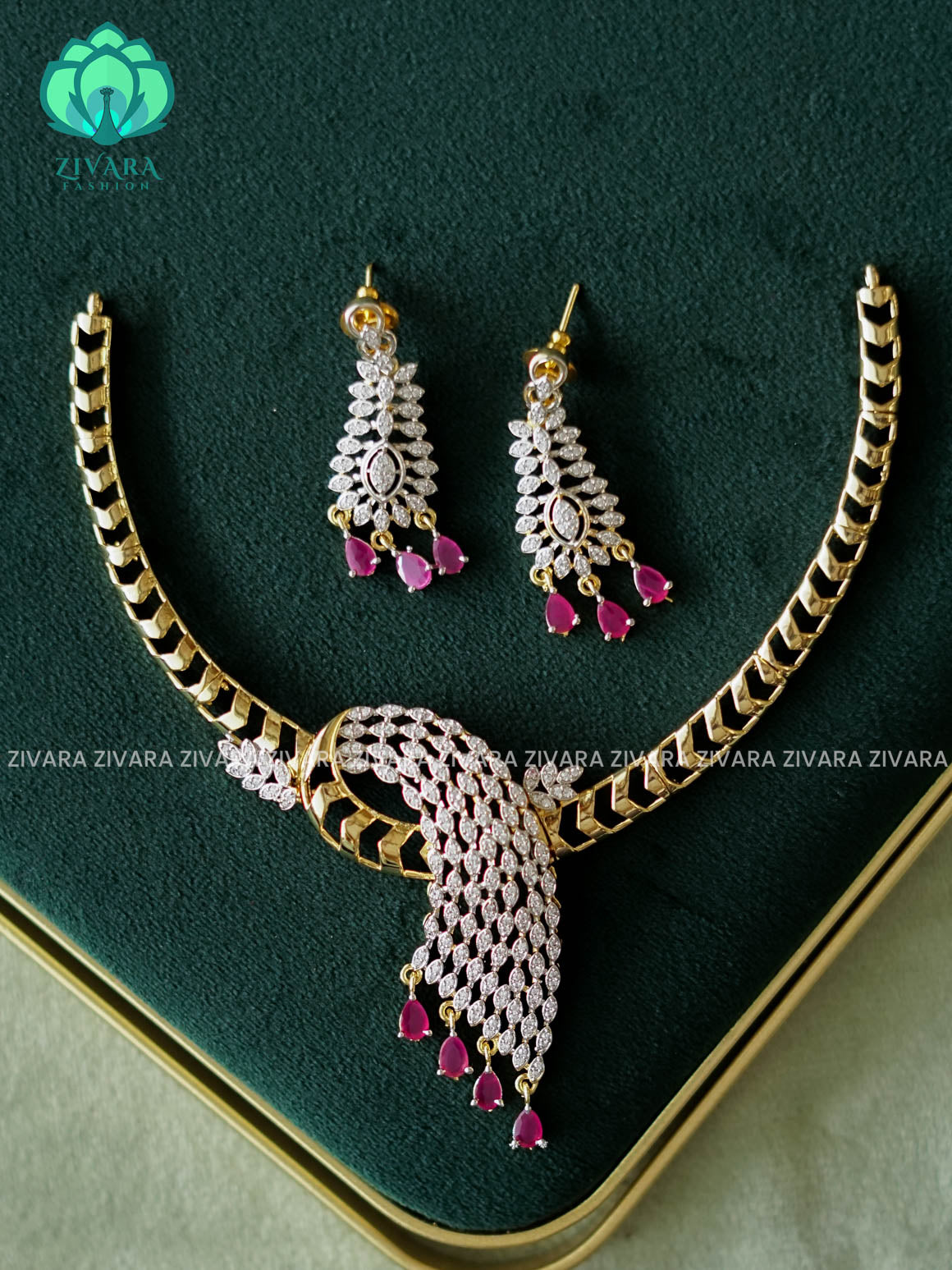 WHITE STONE ABSTRACT RUBY TEAR HANGINGS  - AD MICROGOLD POLISH WITH EARRING - Zivara Fashion- latest jewellery design
