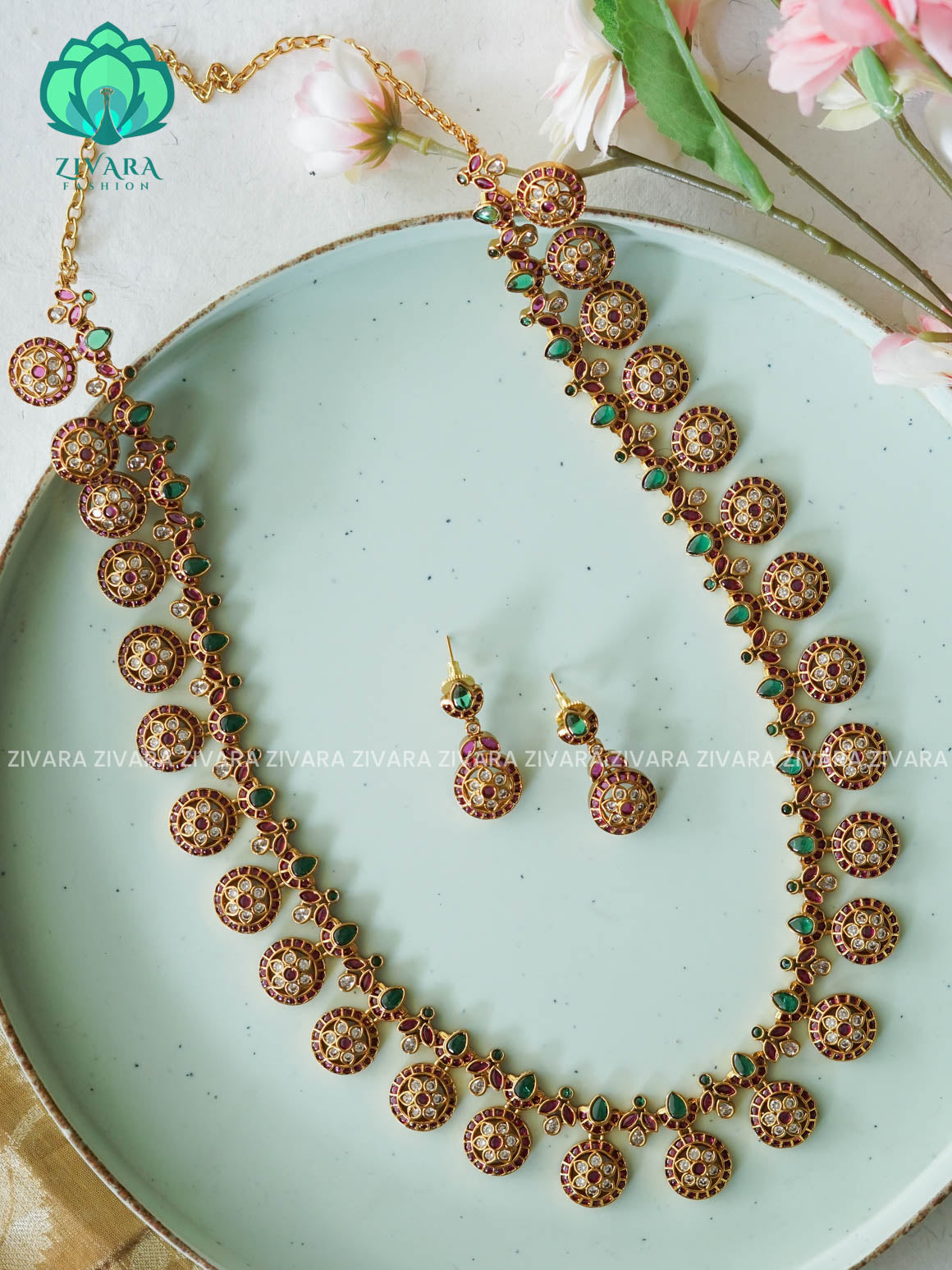 ROUND REAL KEMP BUTTA  - Traditional PREMIUM MATTE polish MIDCHEST haaram/neckwear with earrings- Zivara Fashion