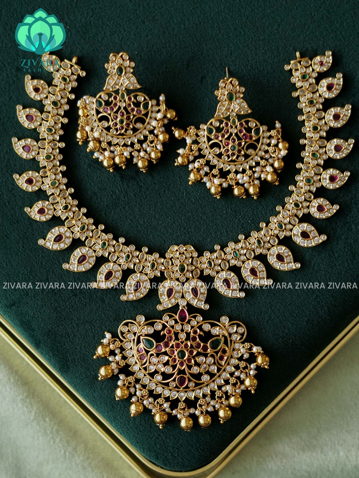 AKSHAYAM - MANGA PEACOCK WITH GOLD BEADS HANGINGS - Traditional south indian premium neckwear with earrings- Zivara Fashion- latest jewellery design