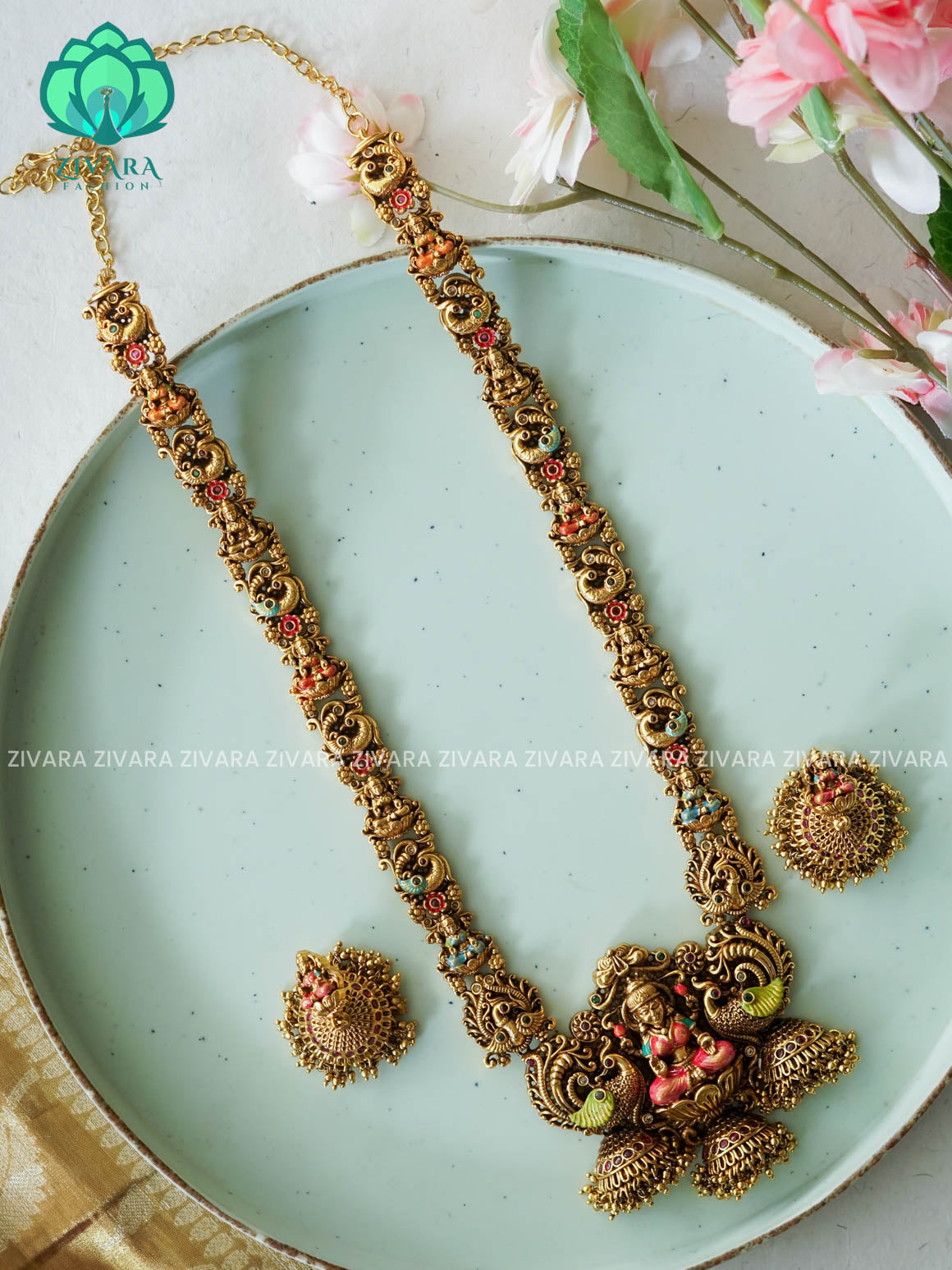 MADHURYA - HAND PAINTED TEMPLE BRIDAL - Traditional PREMIUM MATTE polish MIDCHEST haaram/neckwear with earrings- Zivara Fashion