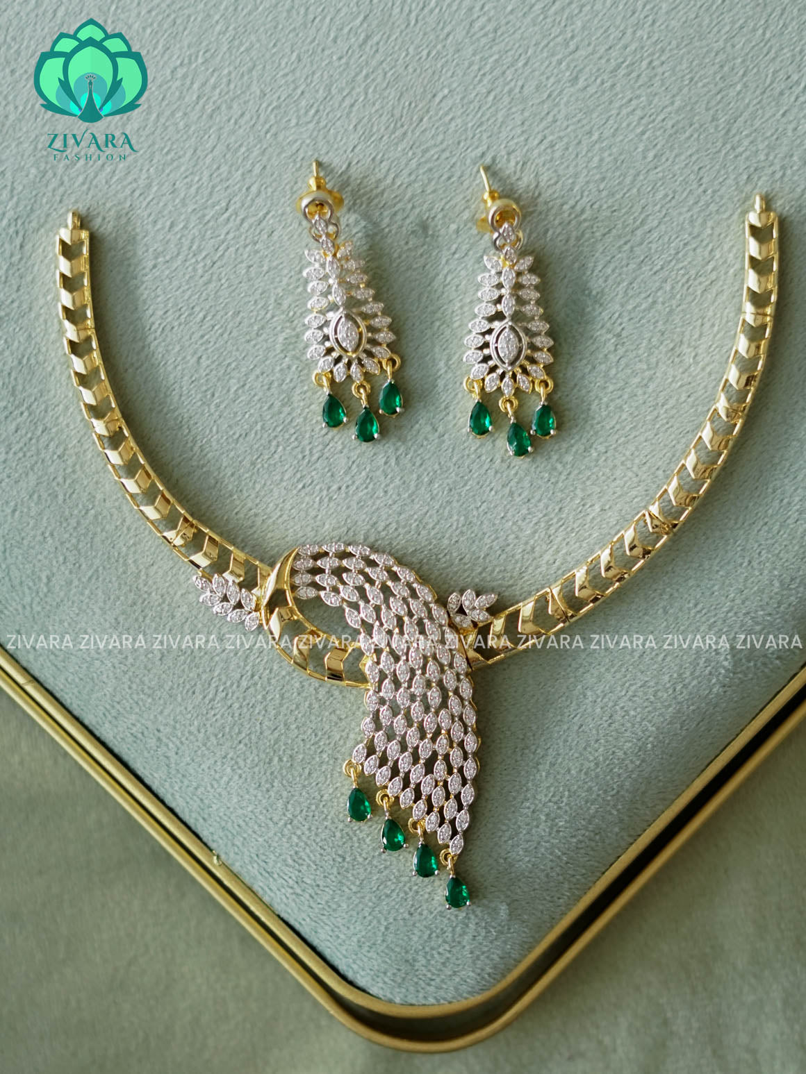 WHITE STONE ABSTRACT GREEN TEAR HANGINGS  - AD MICROGOLD POLISH WITH EARRING - Zivara Fashion- latest jewellery design