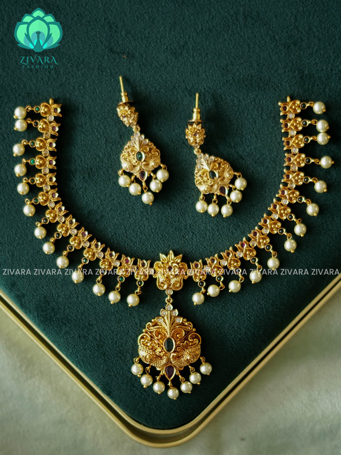PEACOCK NECKWEAR WITH PEARL HANGINGS  - Traditional PREMIUM neckwear with earrings- Zivara Fashion
