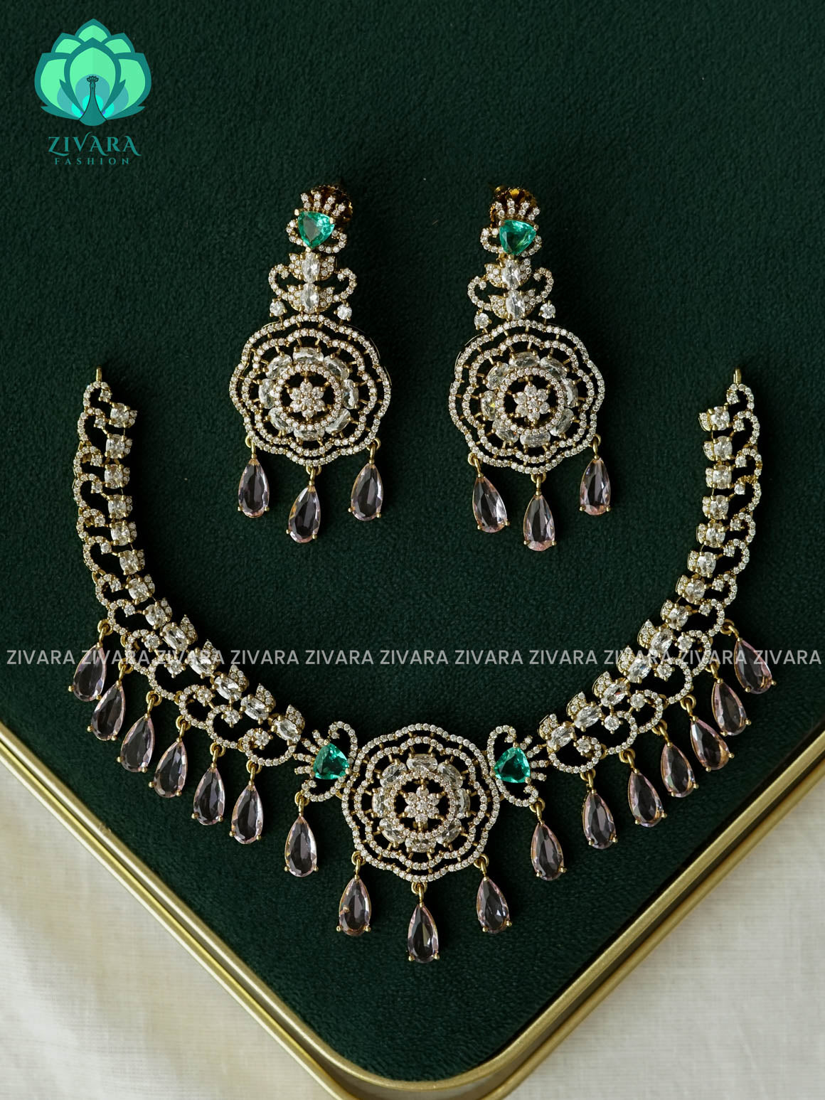 AKSHAYAM - EMERALD GREEN STONE WITH PASTEL PINK HANGING TEARS -  BRIDAL  - Ultra premium matte polish trending neckwear collection- bridal collection- Zivara FashioN