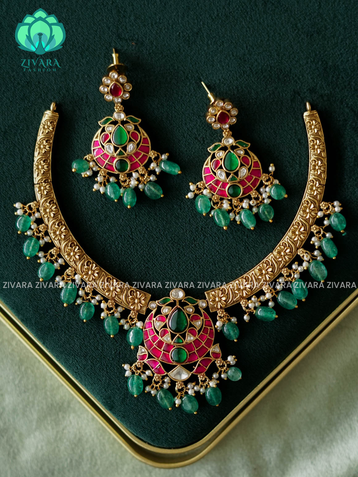 JADAU HASLI WITH GREEN BEADS -Traditional south indian premium neckwear with earrings- Zivara Fashion- latest jewellery design