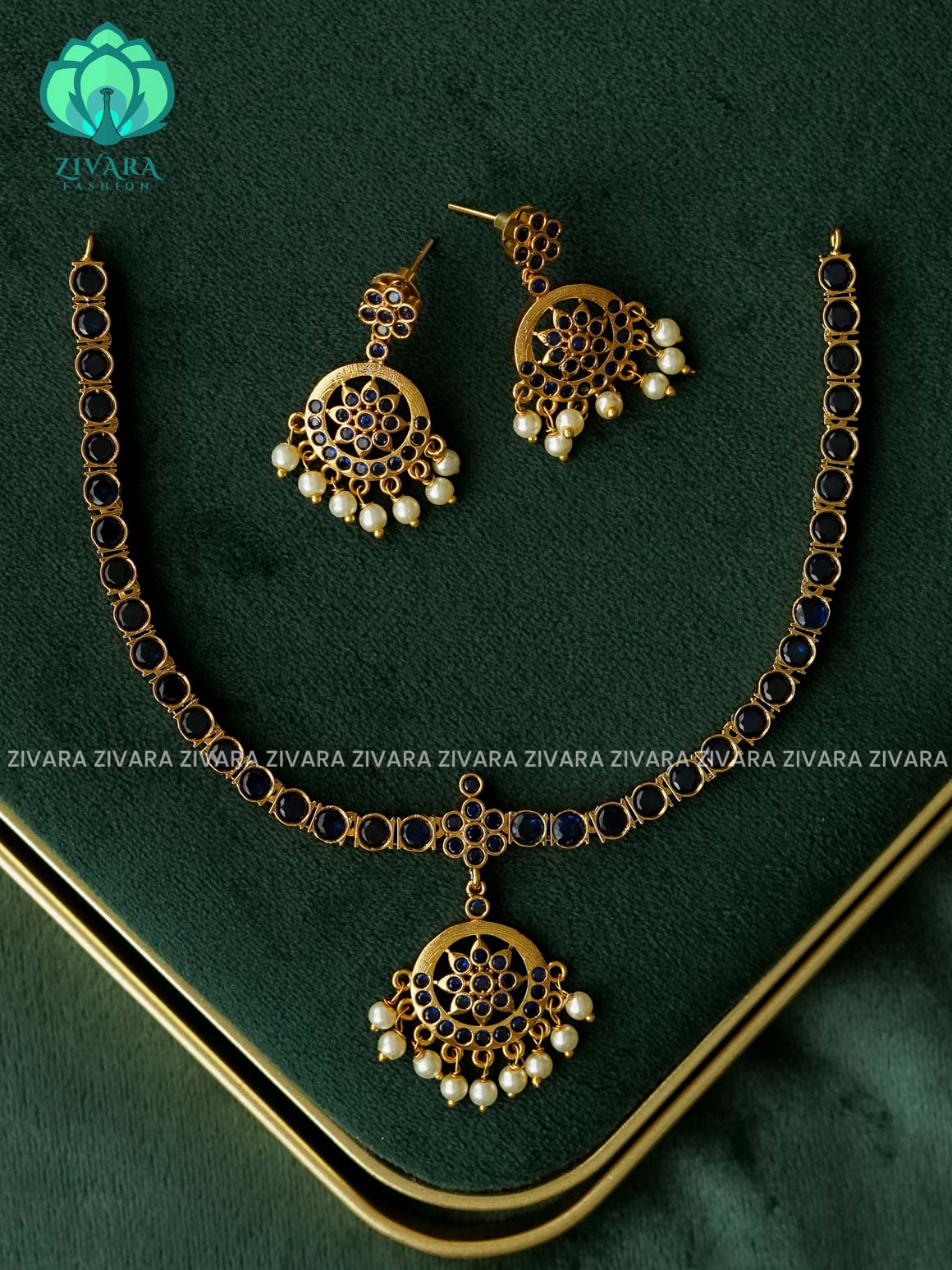EVERGREEN MATTE FINISH BLUE  stone attigai-Traditional south indian premium neckwear with earrings- Zivara Fashion- latest jewellery design.
