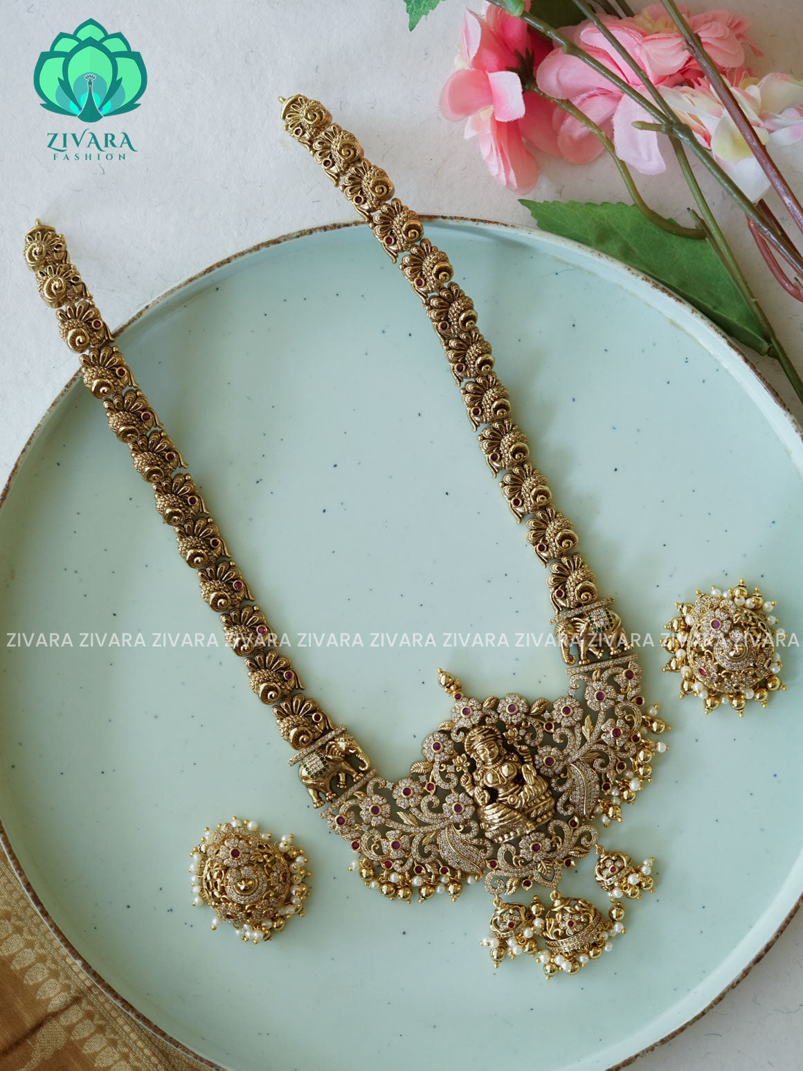 TEMPLE BRIDAL - Traditional PREMIUM MATTE polish MIDCHEST haaram/neckwear with earrings- Zivara Fashion