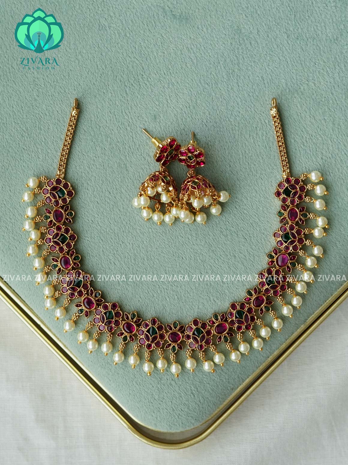 REAL KEMP RUBY STONE FLOWER NECKWEAR - Traditional south indian premium neckwear with earrings- Zivara Fashion- latest jewellery design