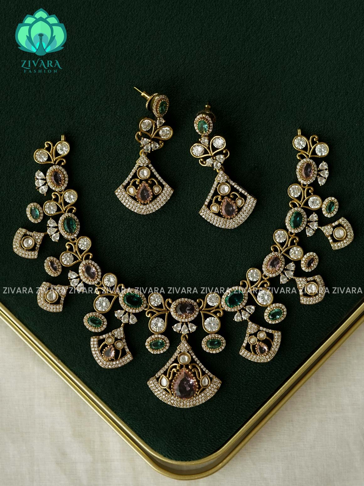 AKSHAYAM -  EMERALD GREEN AND PASTEL PINK STONE  NECKWEAR - premium neckwear with earrings- Zivara Fashion- latest jewellery design