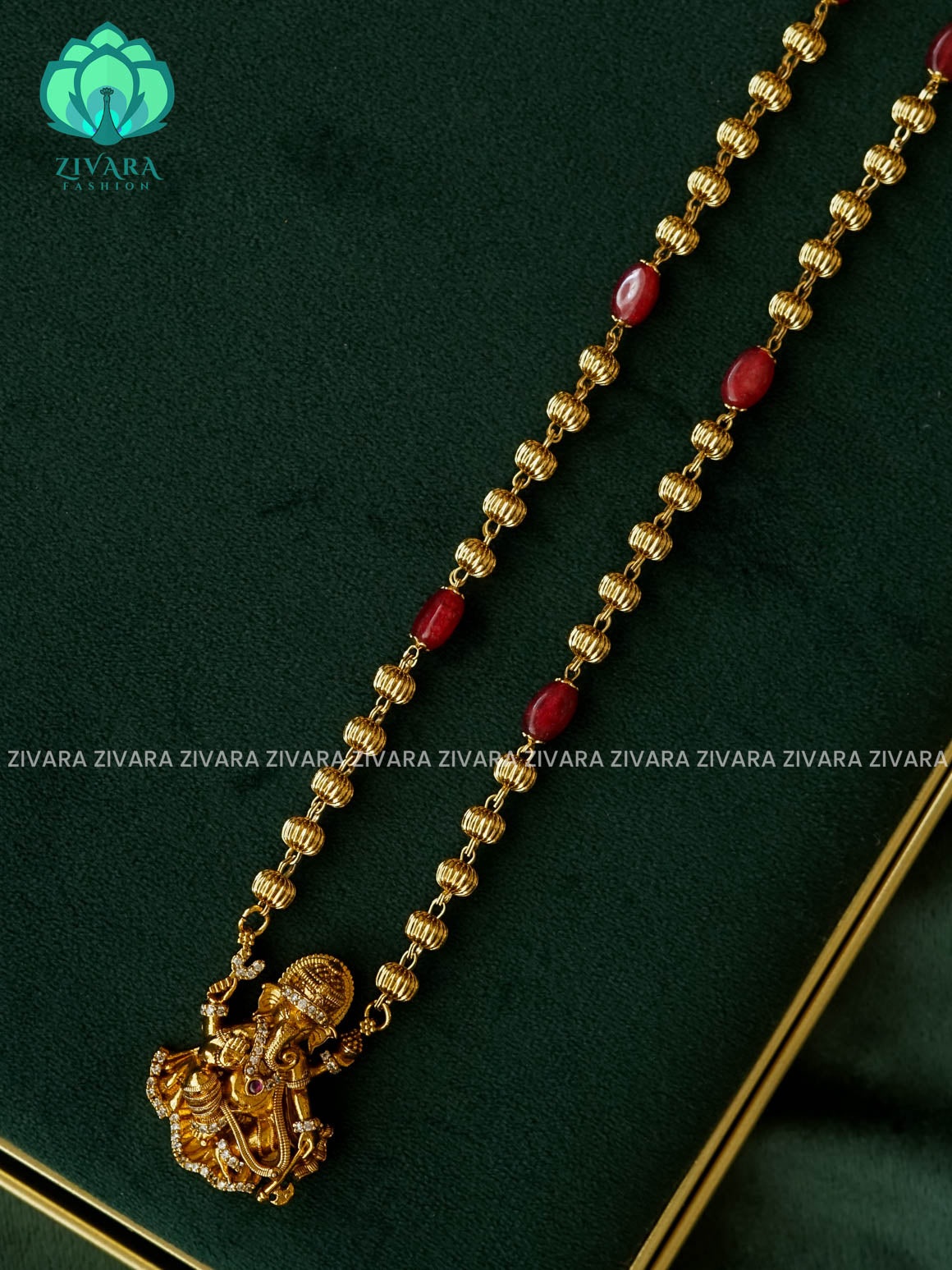 RUBY BEADS GANESHA PENDANT- Traditional south indian neckwear with earrings - Zivara Fashion