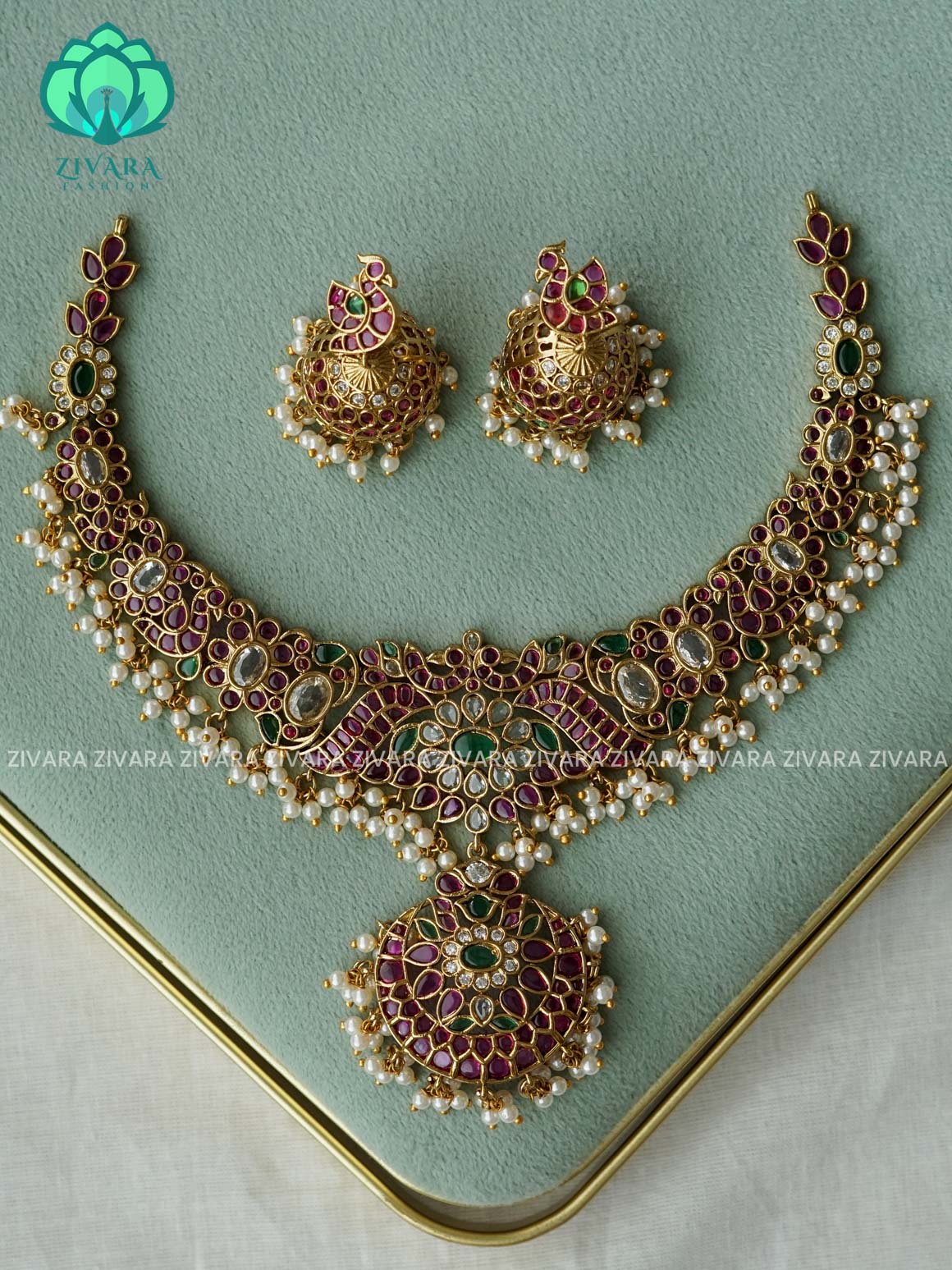 AKSHAYAM - REAL KEMP BRIDAL HASLI  neckwear with earrings- Zivara Fashion