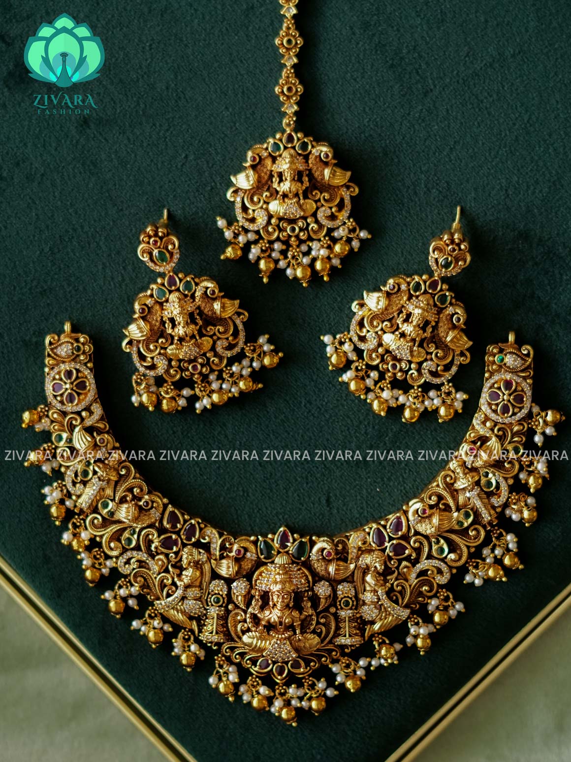 Akshayam - TEMPLE NECKWEAR WITH HANGINGS - bridal temple neckwear -Traditional south indian premium neckwear with earrings and chutti / tikka - Zivara Fashion- latest jewellery design