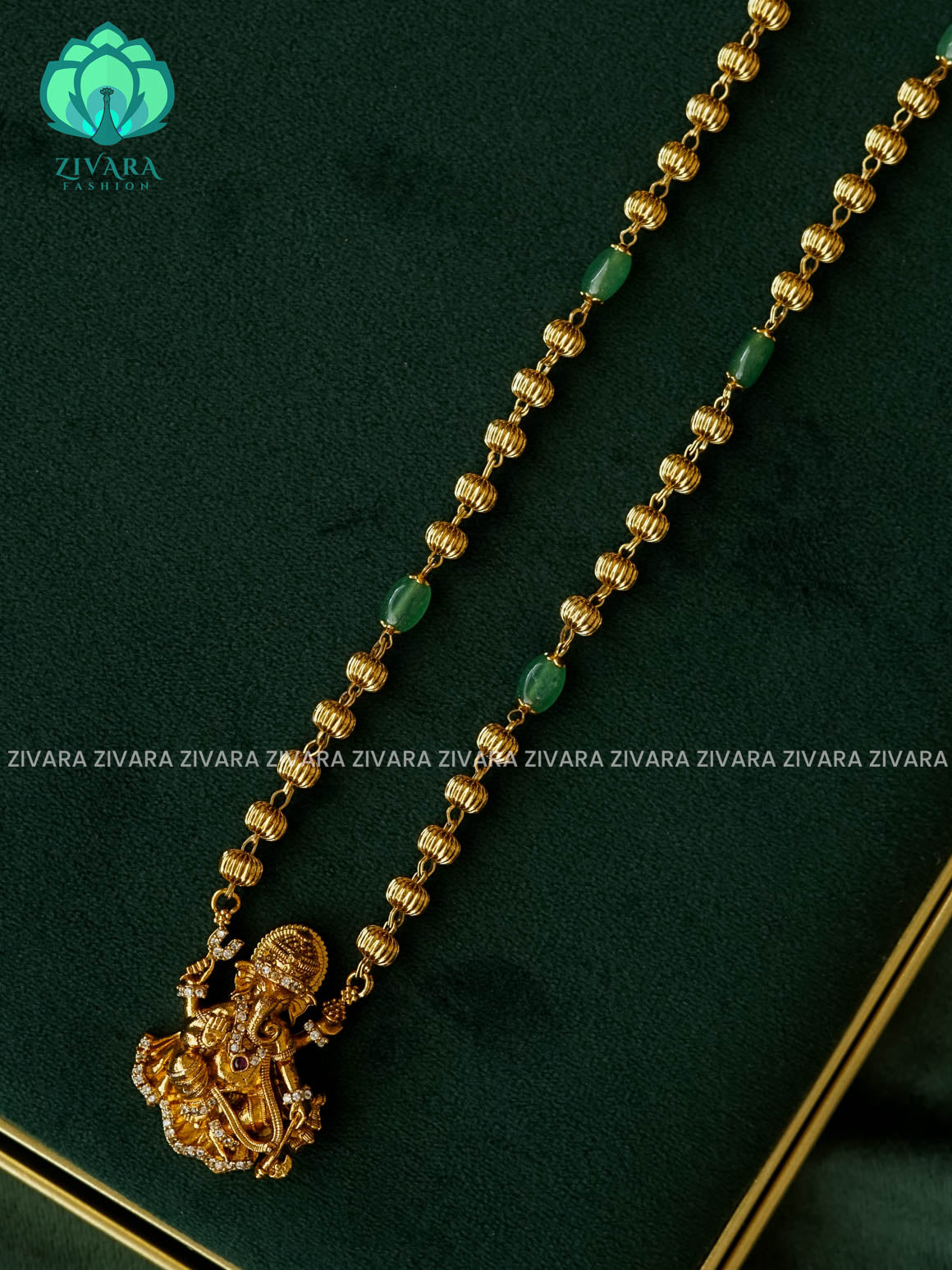 GREEN BEADS-GANESHA PENDANT- Traditional south indian neckwear with earrings - Zivara Fashion