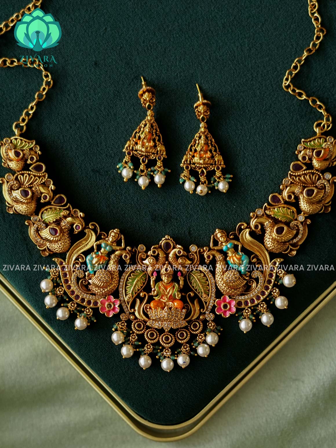 MADHURYA - LAKSHMI PEACOCK HANDPAINTED NECKWEAR - Traditional south indian premium neckwear without earrings- Zivara Fashion- latest jewellery design