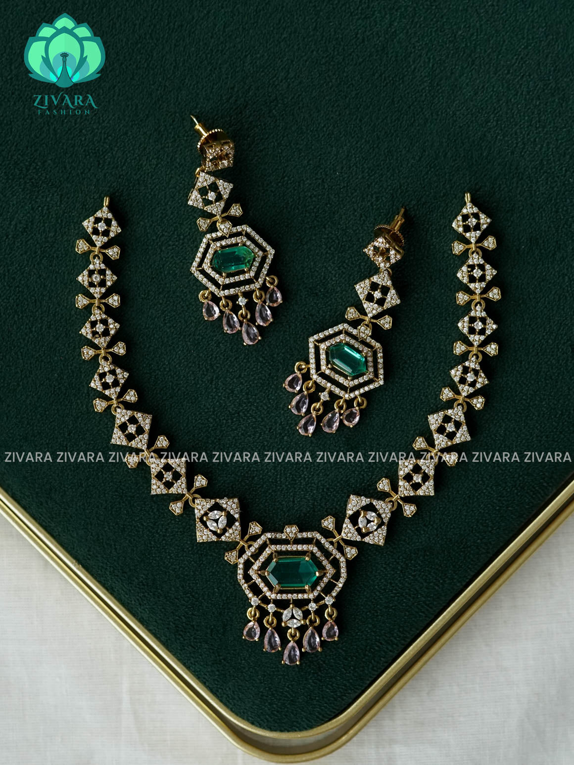 AKSHAYAM - EMERALD GREEN STONE WITH PASTEL PINK HANGING TEARS -  BRIDAL  - Ultra premium matte finish trending neckwear collection- bridal collection- Zivara FashioN