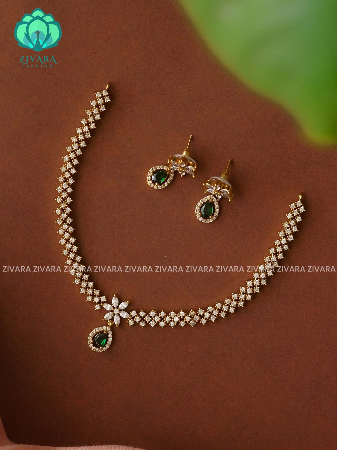 GREEN STONE AD MOTIF FREE TEAR- stylish and minimal elegant neckwear with earrings- Zivara Fashion